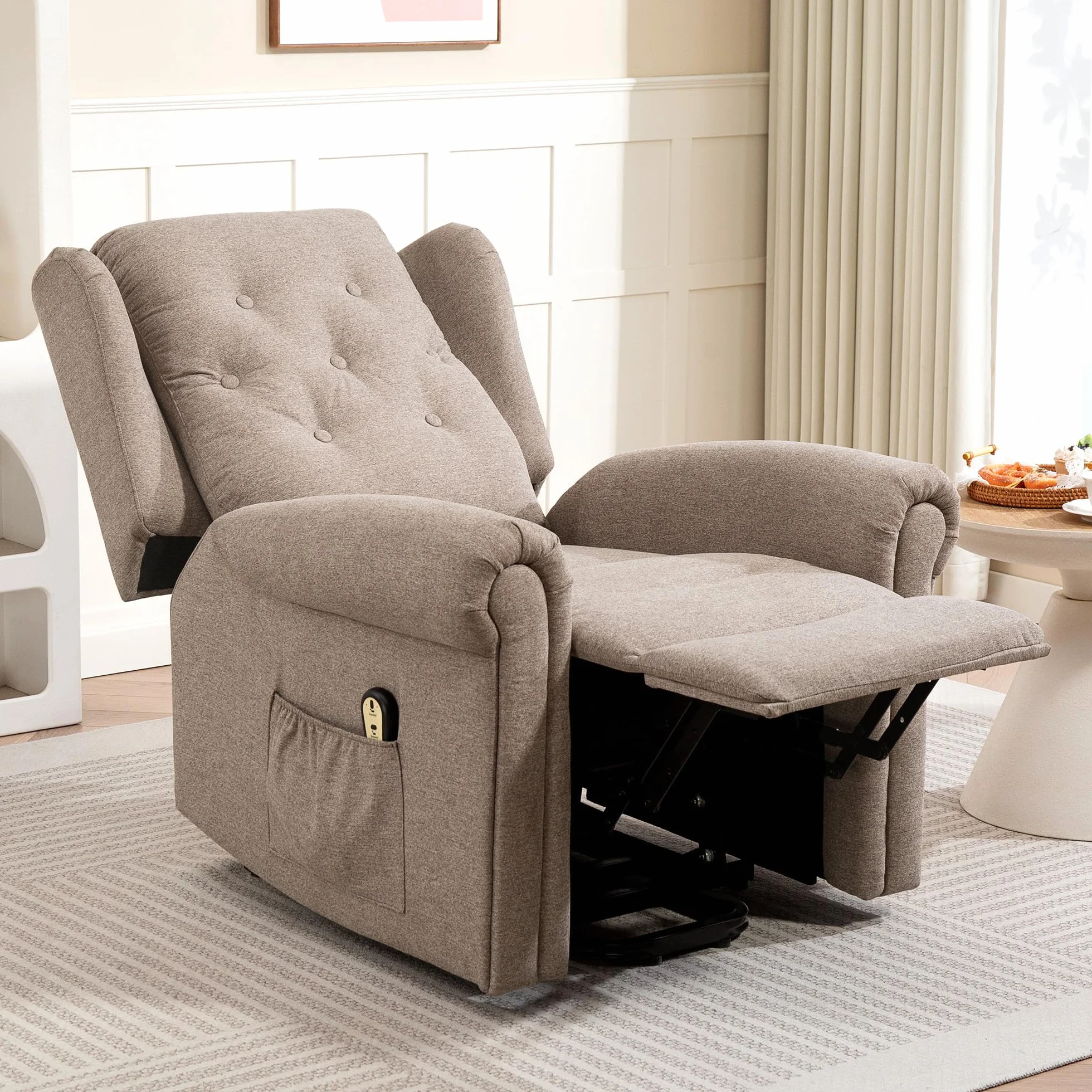 HOMCOM Sillón Relax Reclinable Eléctrico Levanta Personas con Respaldo Alto Capitoné Control Remoto Marrón Claro