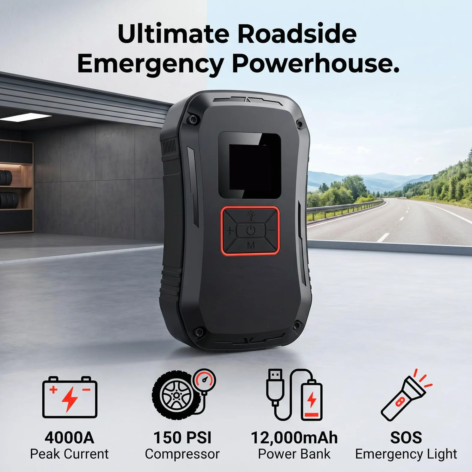 Tangxi Bomba de Aire Portátil para Inflar Neumáticos con Arrancador | Batería de 12000mAh, Carga Rápida QC18W, Luz LED Multifuncional, para Inflar Automóviles, Bicicletas y Pelotas