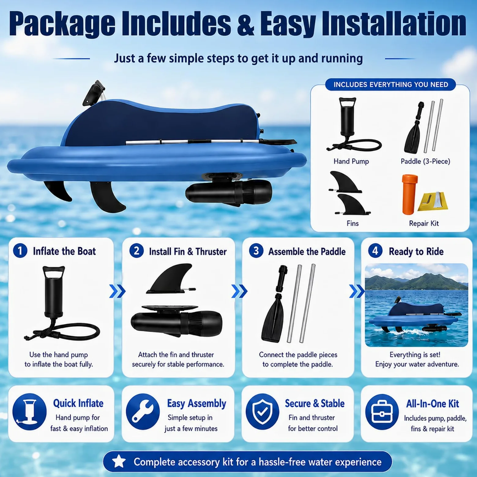 Barco Surf eléctrico Rush Wave y Moto acuática Inflable, Patinete acuático con Motor 500W/700W, lancha Jet Plegable Carga 330 Libras for Piscina, Lago y océano