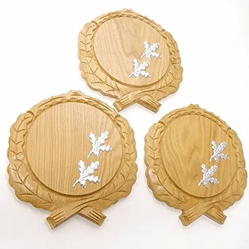 GTK - 3 placas de cuña talladas de roble claro AF 17,5 cm con 6 hojas de aluminio de roble, cubierta para cuñas, tabla de especias, cartel para trofeos