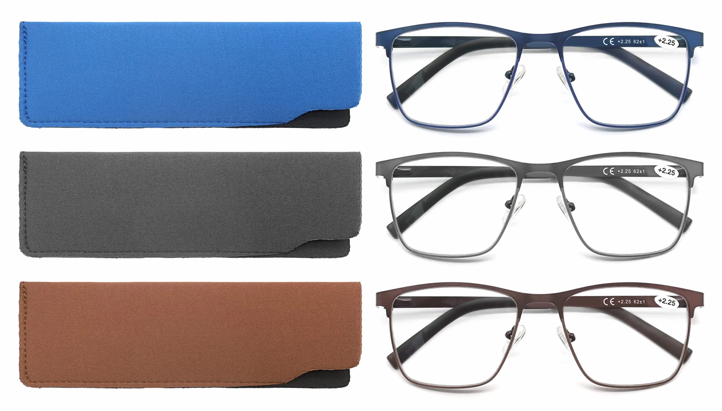 MODFANS Pack de 3 Gafas de Lectura Anti Luz Azul, Metal Acero Inoxidable, Lente Clara, Rectangular - Ligeras y Cómodas