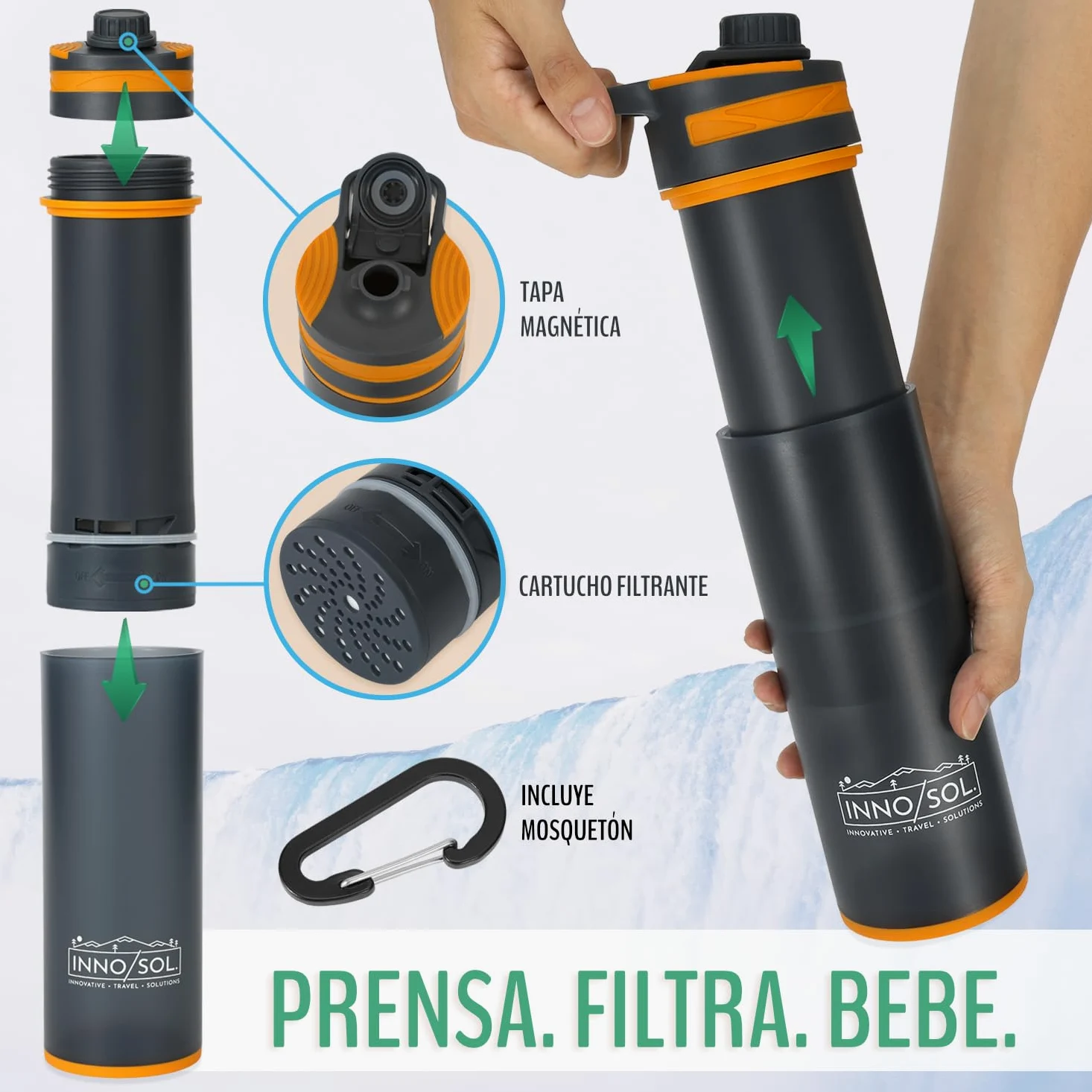 Botella con filtro de agua supervivencia, 500 ml, con mosquetón | Para senderismo y emergencias: jarra de agua con filtro que hace potable cualquier río en segundos