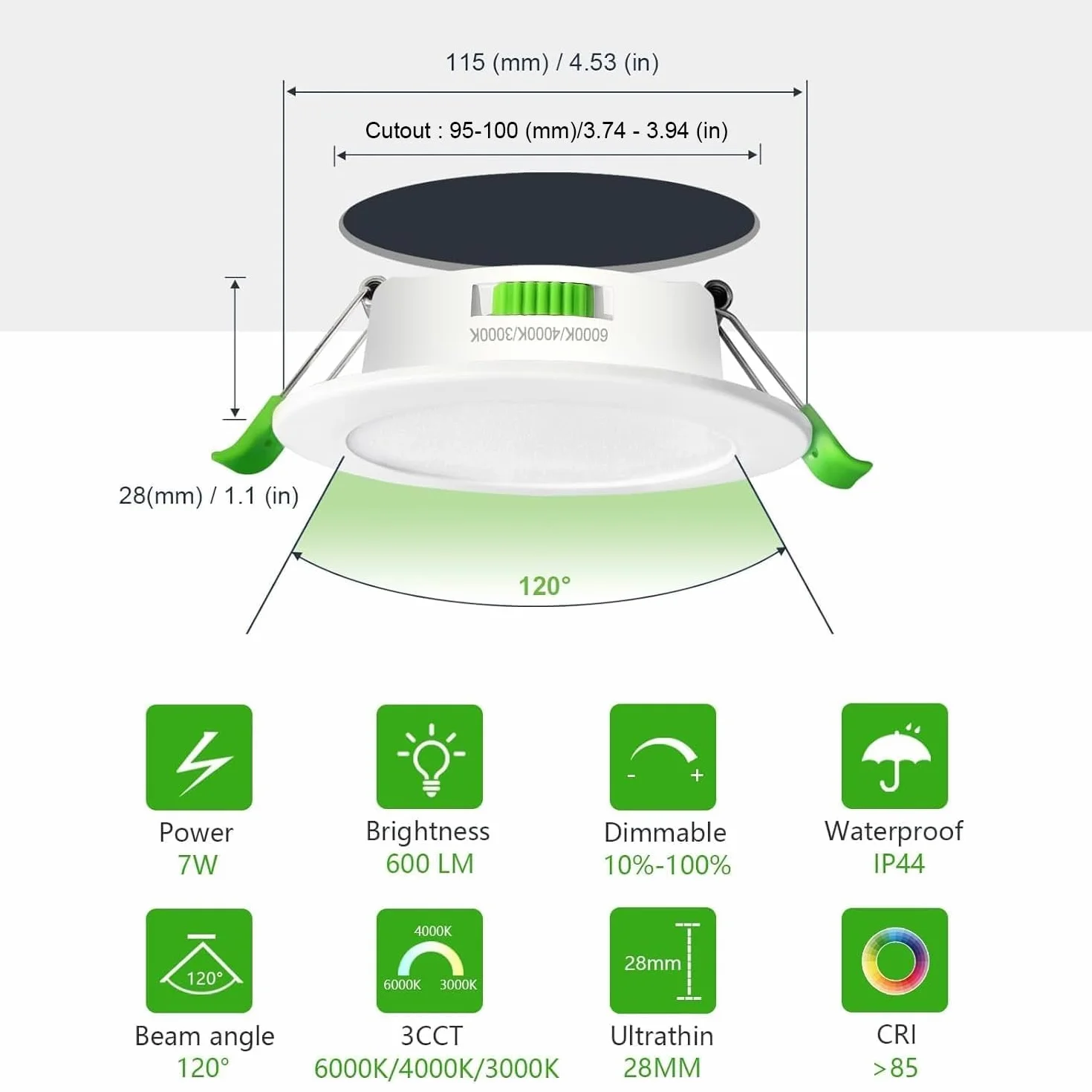 IP44 Downlight LED Techo Empotrable 7W Regulables 3000K/4000K/6000K 5%-100% AC220-240V Orificio 95-100mm Pack 5