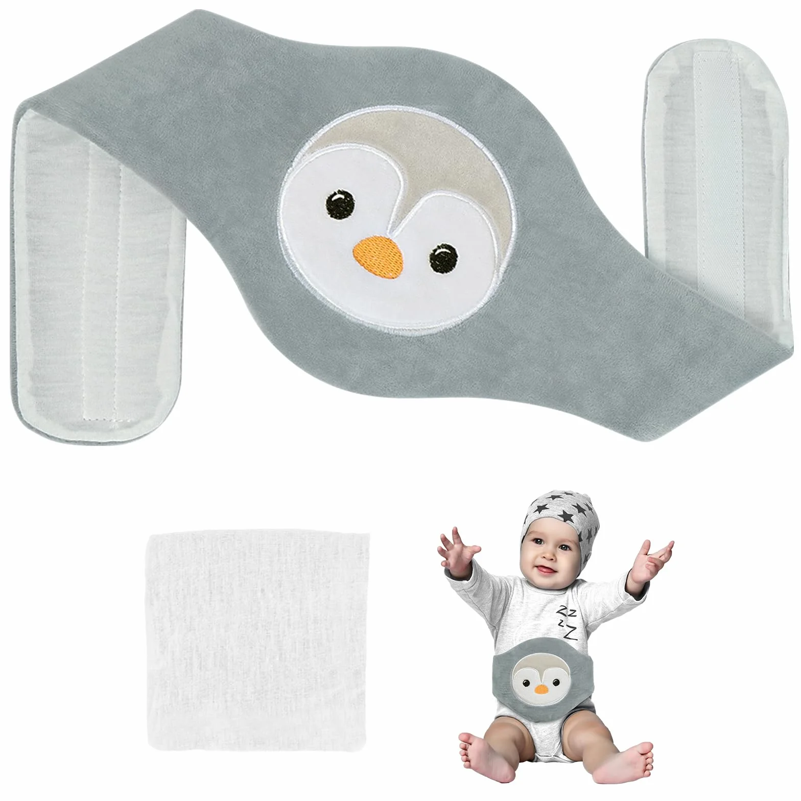 Vicloon Cinturón Anticólico para Bebé, Cojín Térmico Ajustable con Partículas de Arcilla, Lavable, para Dolor Abdominal (Pingüino)