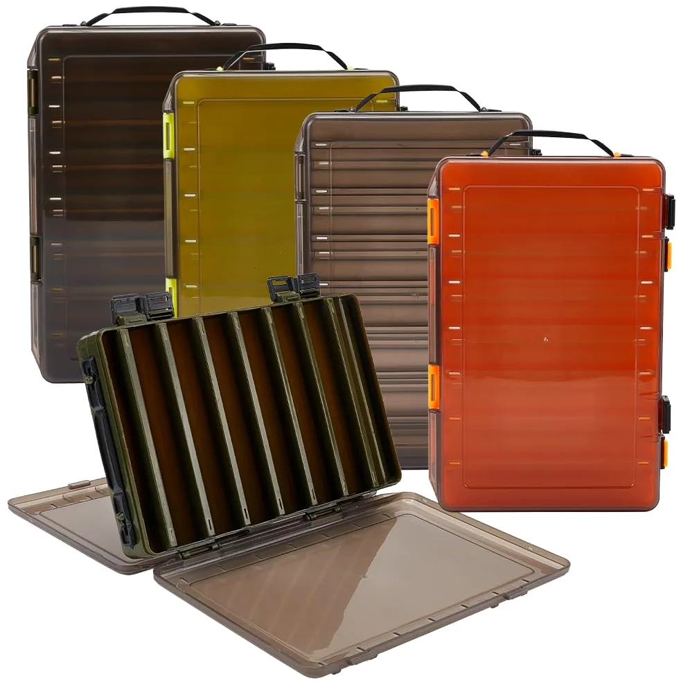 WEBEEDY Paquete de 4 cajas de señuelos de pesca de doble cara, caja de aparejos, 27,5 x 18 x 4,75 cm, plástico translúcido, almacenamiento de señuelos de pesca con hebilla para organizador de cebos de