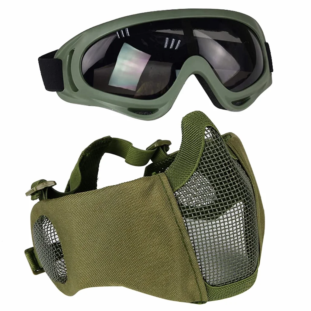 Juego de protección para airsoft máscara de malla media cara con protección auditiva y gafas para caza paintball tiro