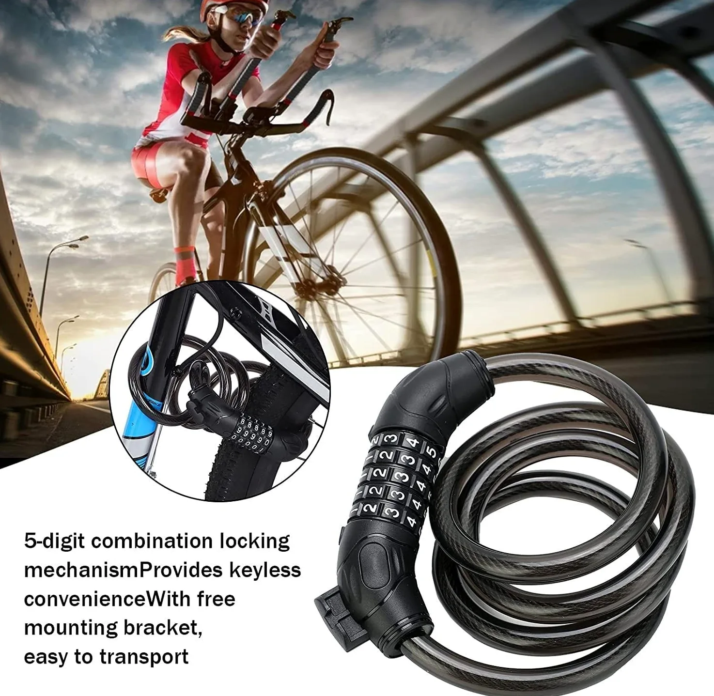 Candado de combinación para Bicicleta, con contraseña de 5 dígitos, candado de Cable de Seguridad de Acero con Soporte de Montaje, candado de combinación portátil, candado antirrob