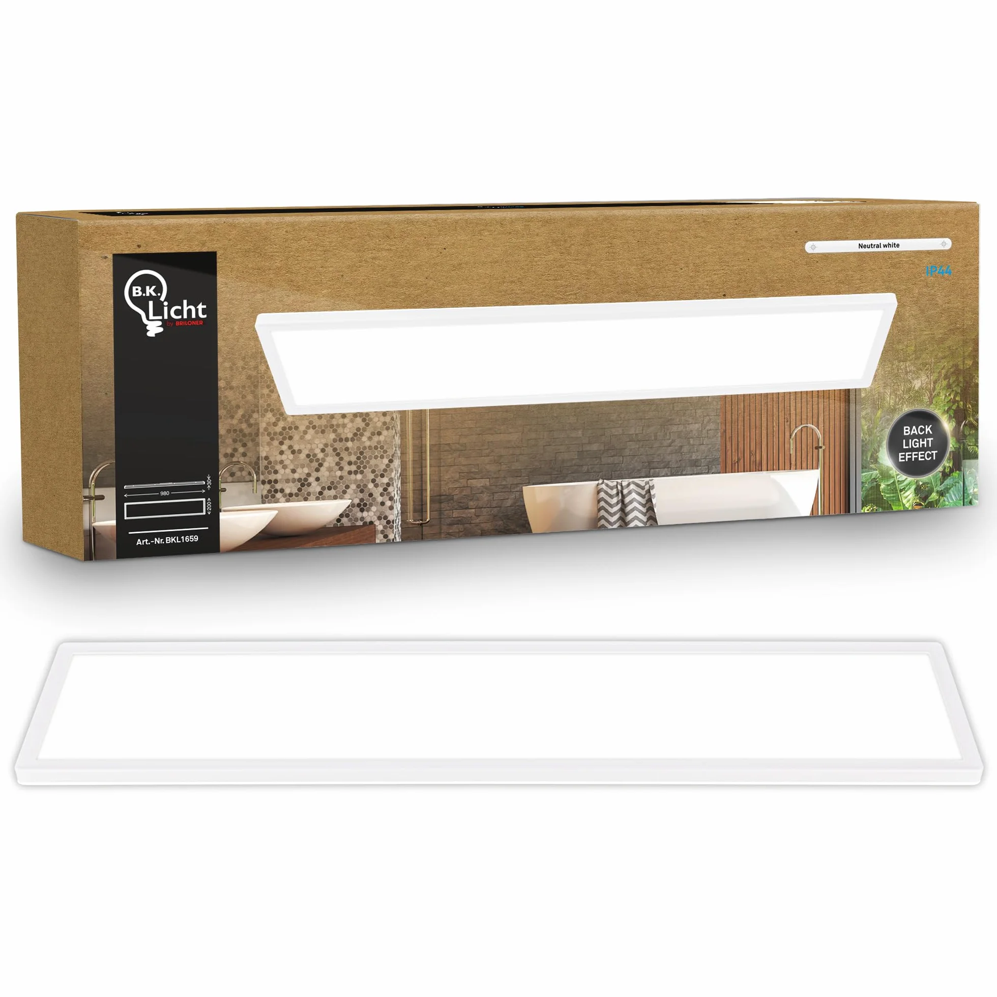B.K.Licht Lámpara LED de techo plana luz blanca neutra IP44 98x20x3 cm blanca