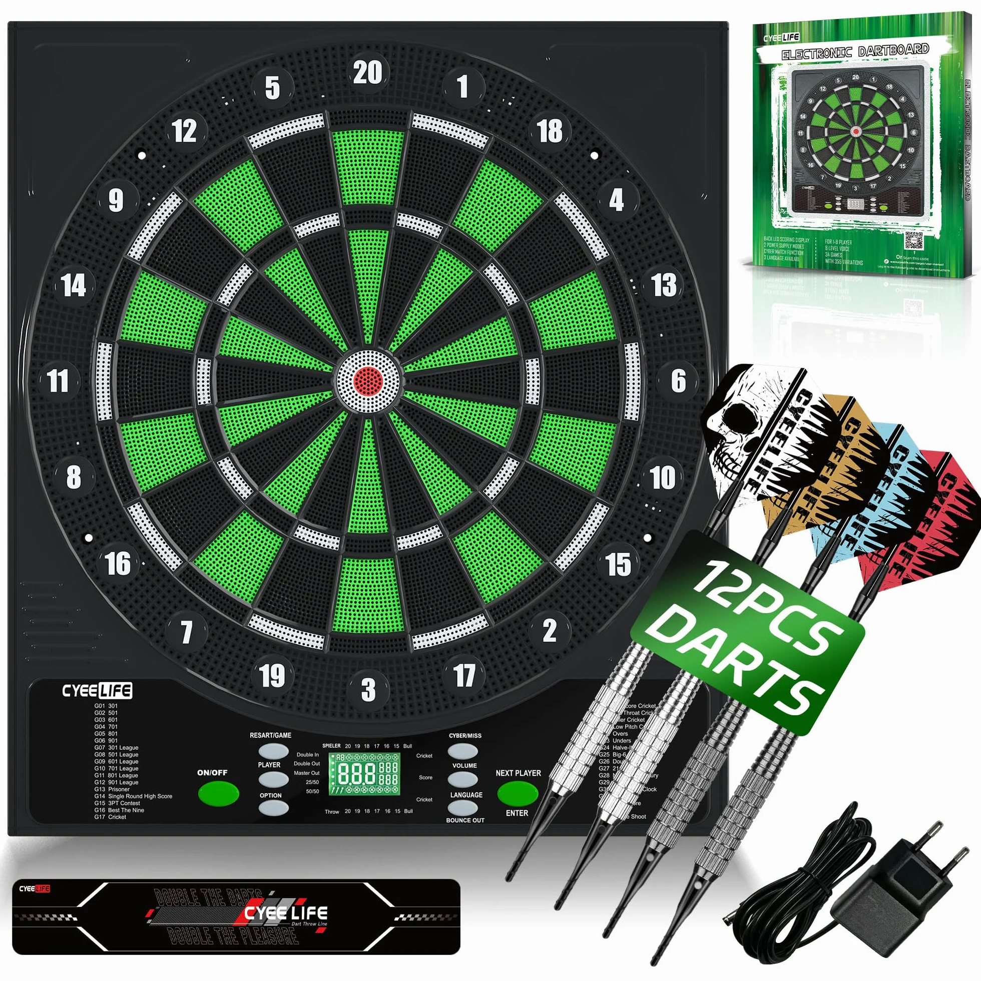 CyeeLife Dianas electrónicas, Dartboard de Profesional Set con 12 Flechas de Dardos 1 Dart Oche Line + 24 Vuelos Pro 50 Puntas de Flechas + Accesorios Dardo para 1 a 8 Jugadores