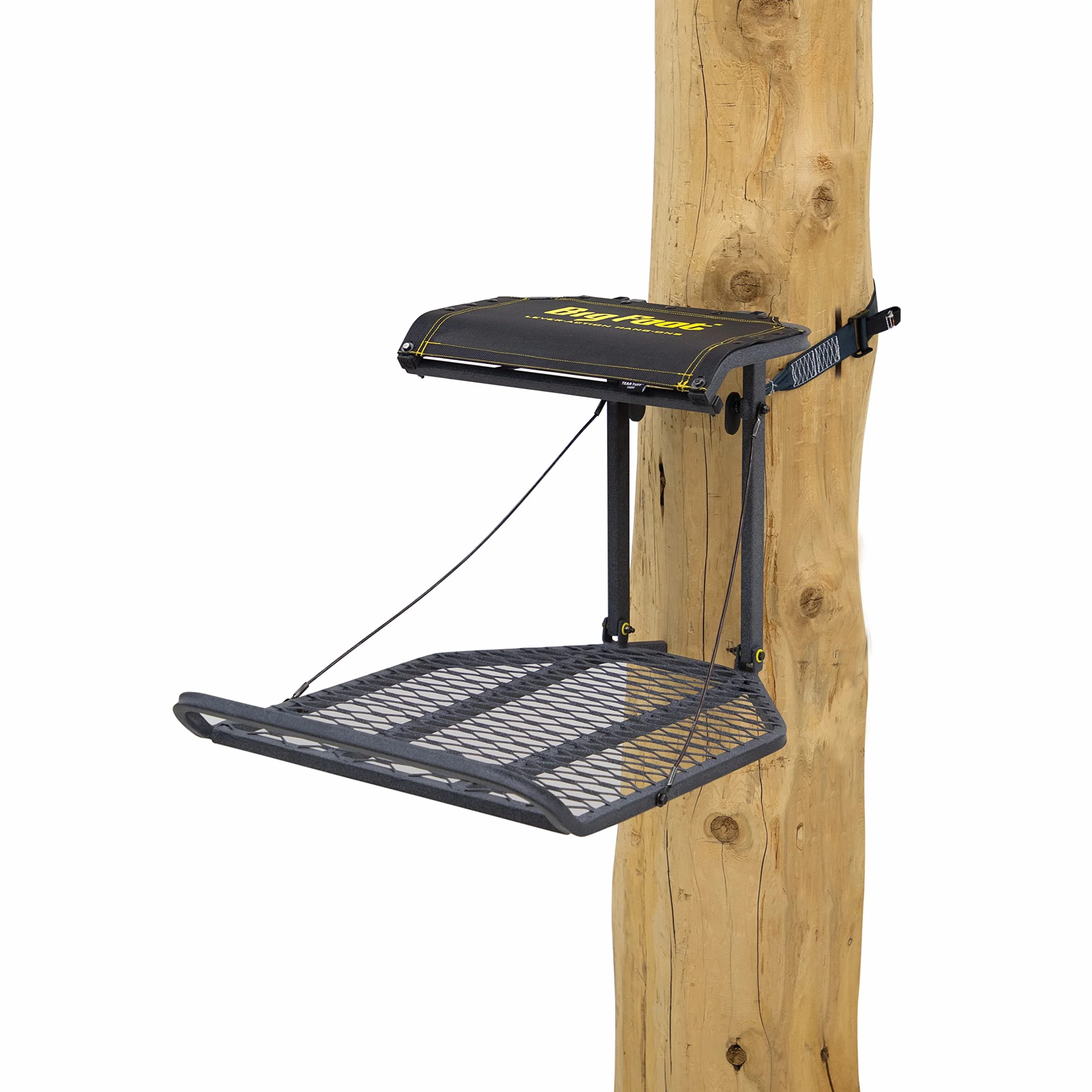 Rivers Edge RE562, Big Foot Rogue, soporte de árbol para colgar con palanca con asiento de malla abatible TearTuff, plataforma grande de 27.5 x 24 pulgadas, color negro