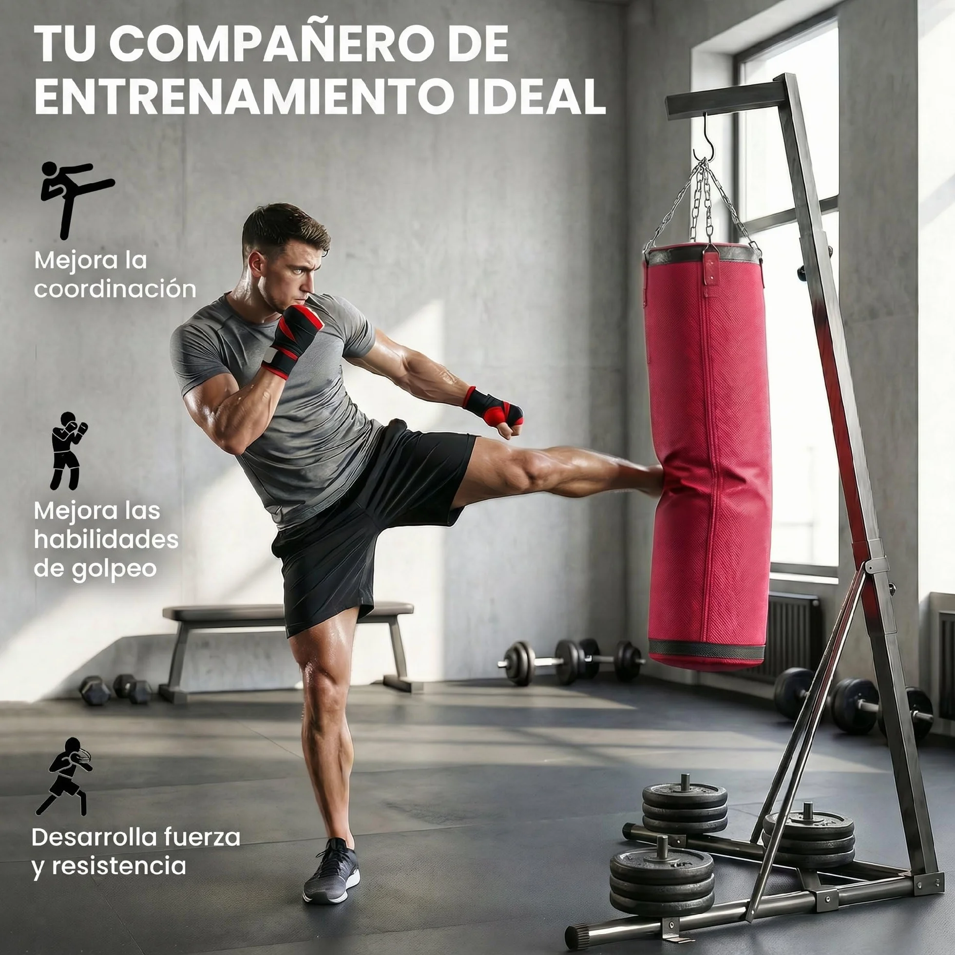 SPORTNOW Soporte para Saco de Boxeo de Pie de Acero, Soporte para Bolsa de Boxeo con Altura Ajustable 175–220 cm y 185–231 cm, Base Pesada y Bolsa de Arena, Entrenamiento para MMA, Gimnasio en Casa
