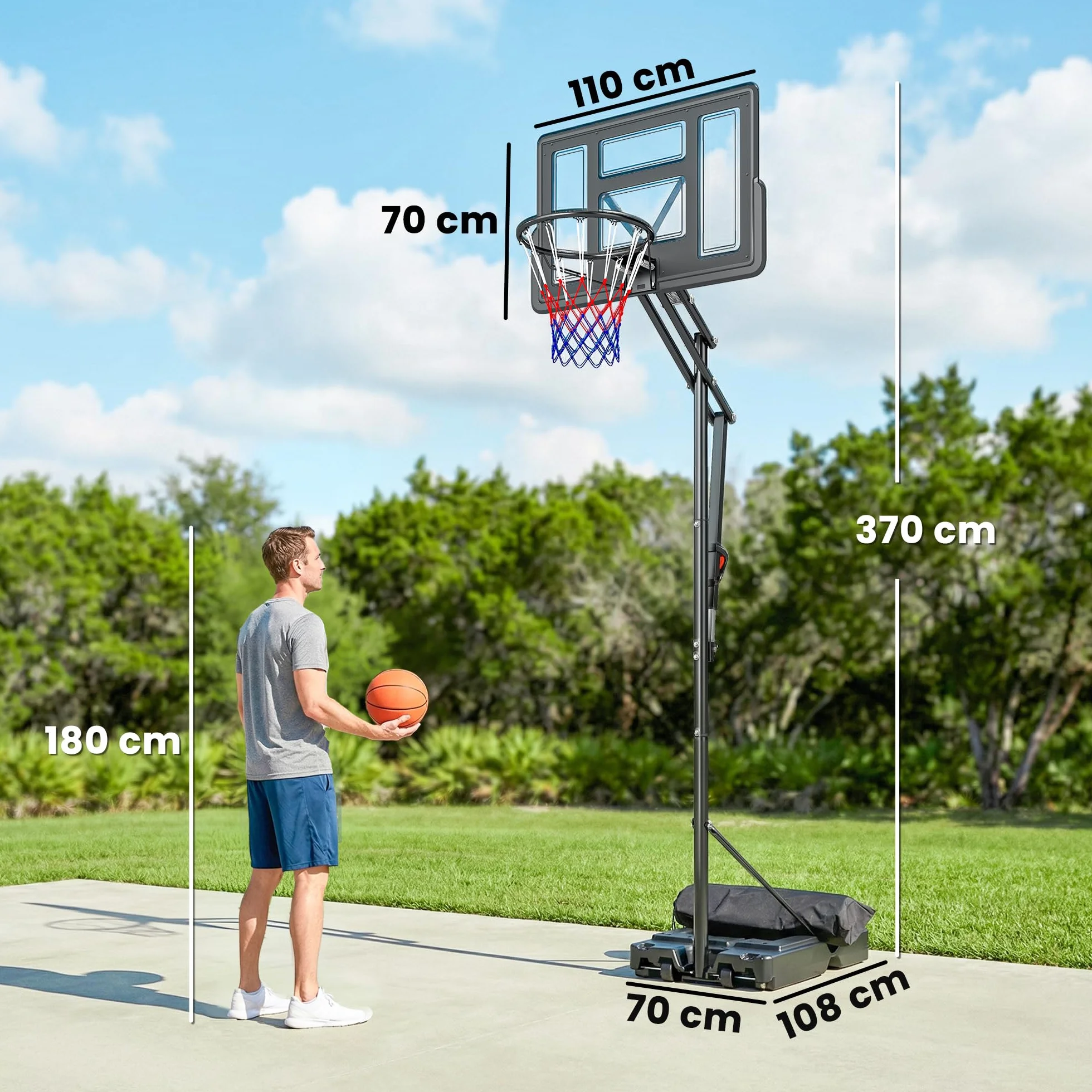 SPORTNOW Canasta de Baloncesto Exterior Altura Ajustable 5 Niveles 235-305 cm Portátil con Ruedas Base Rellenable