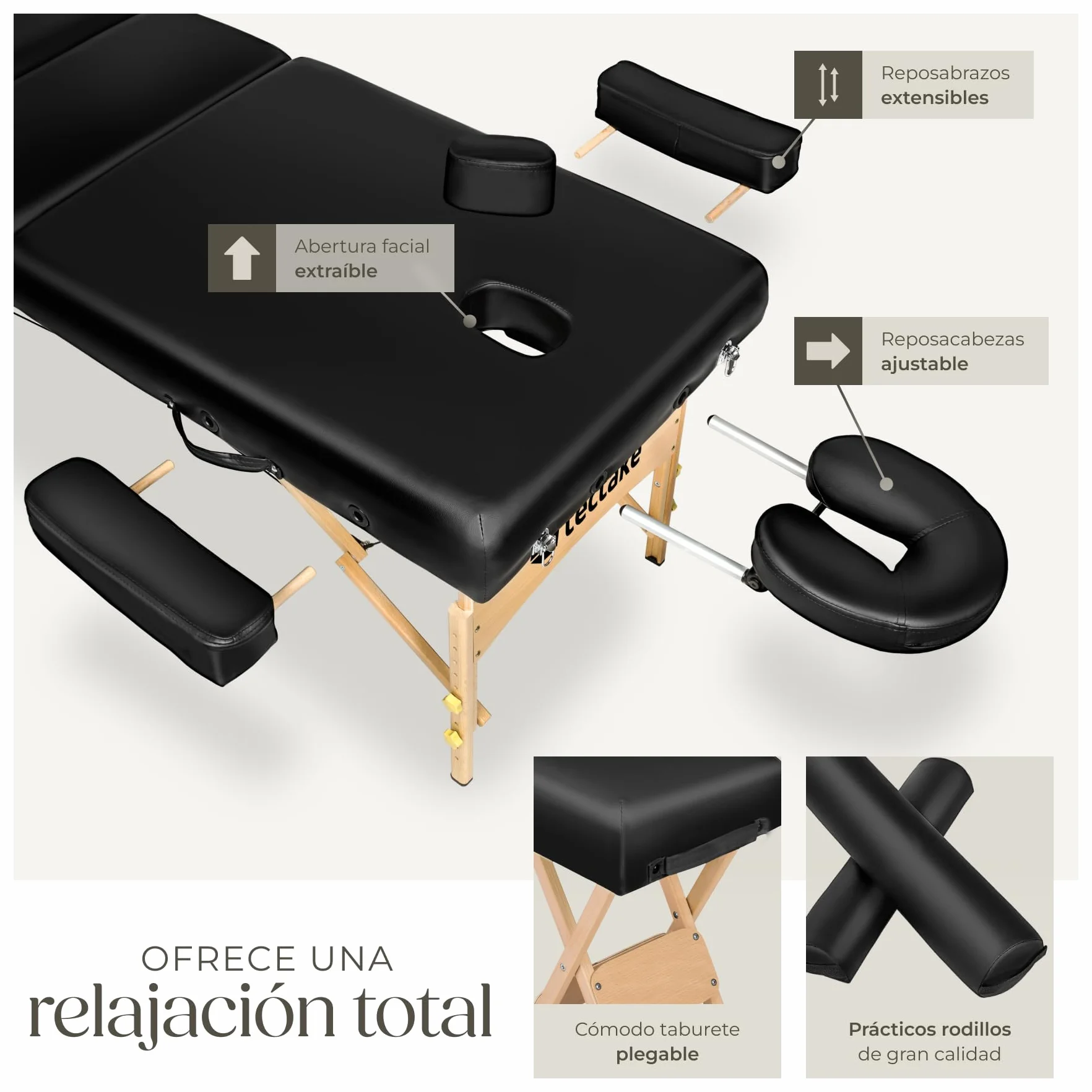 Tectake Camilla Masaje Plegable de Madera Profesional para Fisioterapia con Taburete, Cojines y Bolsa Transporte - Negro