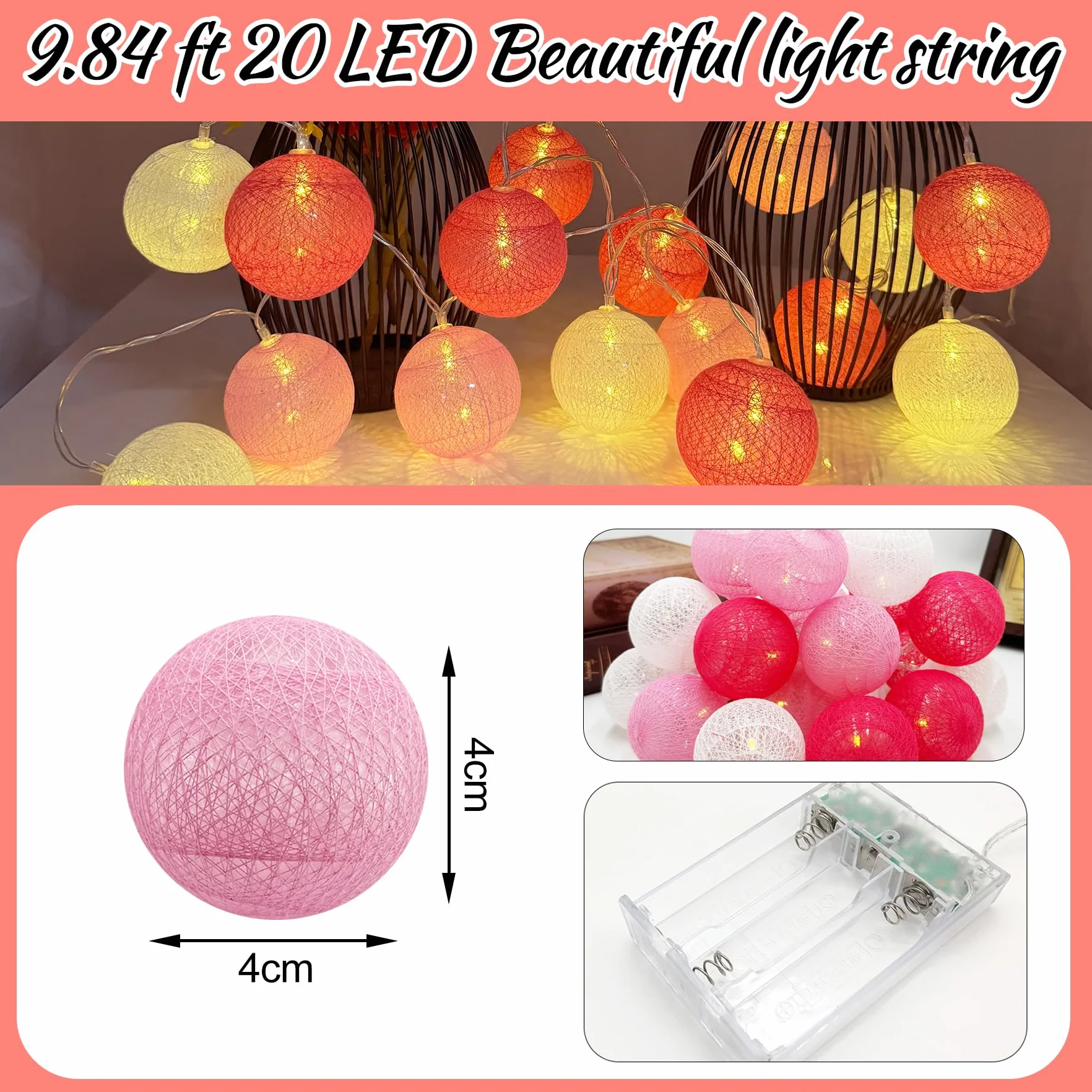 YeahBoom Guirlande Lumineuse Coton Boules 300CM 20LED Alimenté par Pile