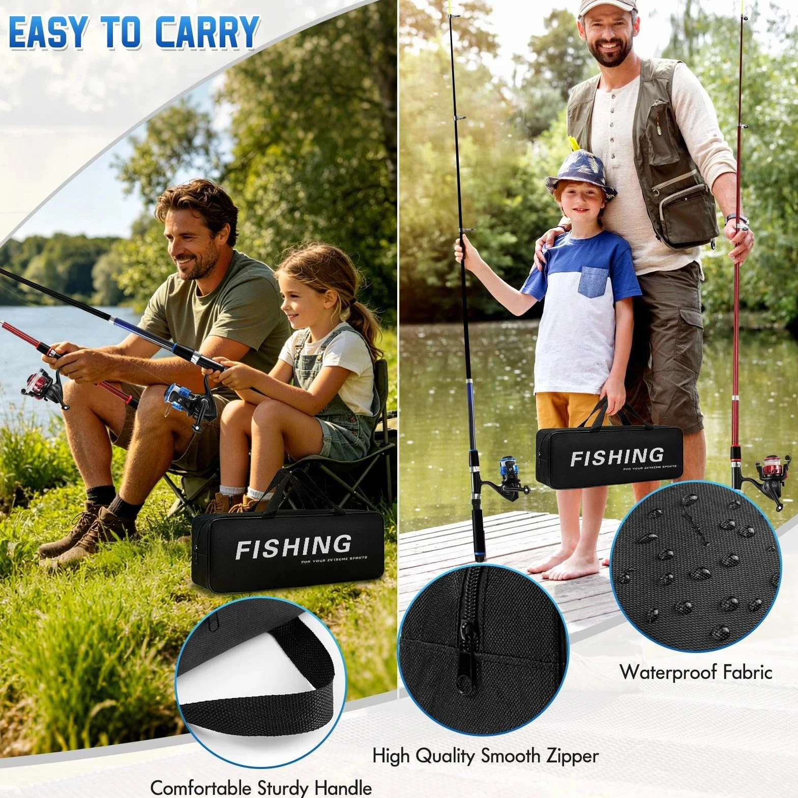 2Pcs Juego de caña de Pescar, 1.8m Caña de Pescar combinada con Carrete telescópico de Fibra de Carbono con línea/Accesorios de señuelos/Bolsa de Transporte, para Viajes, Agua Salada o Dulce