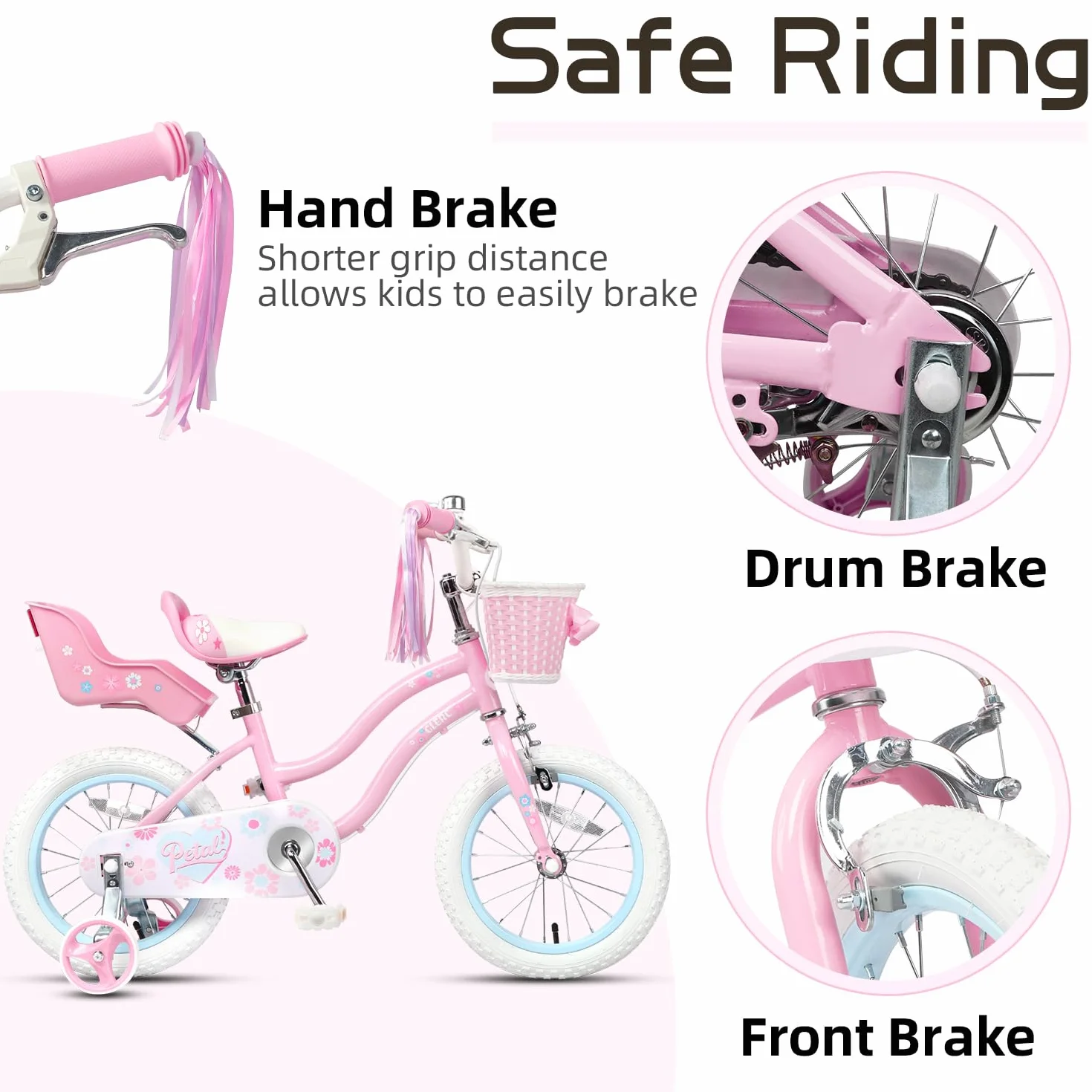 Glerc Bicicleta Infantil 12 14 16 Pulgadas Estilo Princesa para Niñas 2-8 Años con Pompones Cesta Ruedines Rosa Azul Lila Melocotón