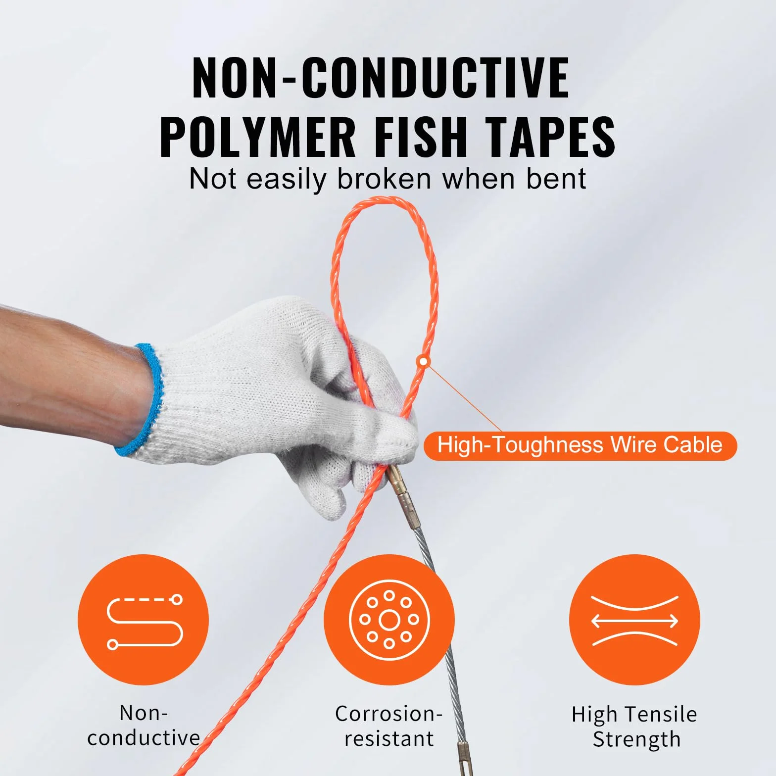 VEVOR Carrete de Cinta para Peces Longitud de 38,1 m Diámetro de 6,35 mm Extractor de Alambre PET Cinta de Pescar con Carcasa y Mango Herramientas de Pesca de Alambre Flexible con Caja de Plástico