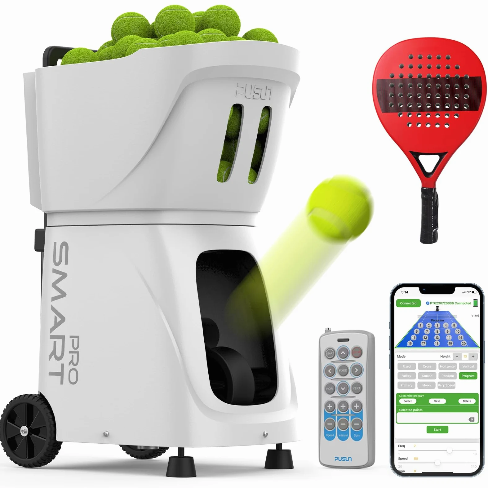PUSUN Padel-Smart PRO-Máquina profesional de pelotas de pádel con tecnología de giro interno - Control inteligente por aplicación - Capacidad de más de 100 pelotas - 4-6 horas de duración de la