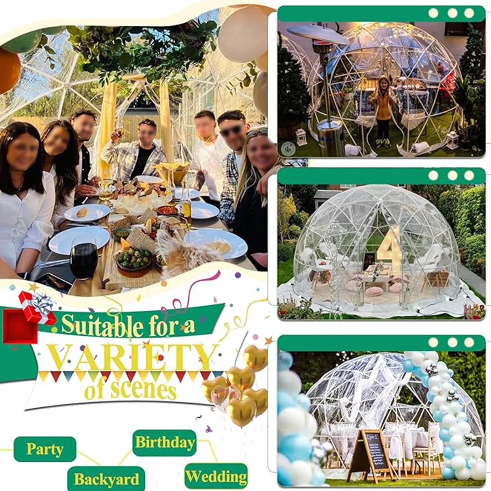 Tienda de campaña de jardín con forma de cúpula de 12 pies, transparente con burbujas geodésicas para uso al aire libre, resistente a la intemperie, invernadero