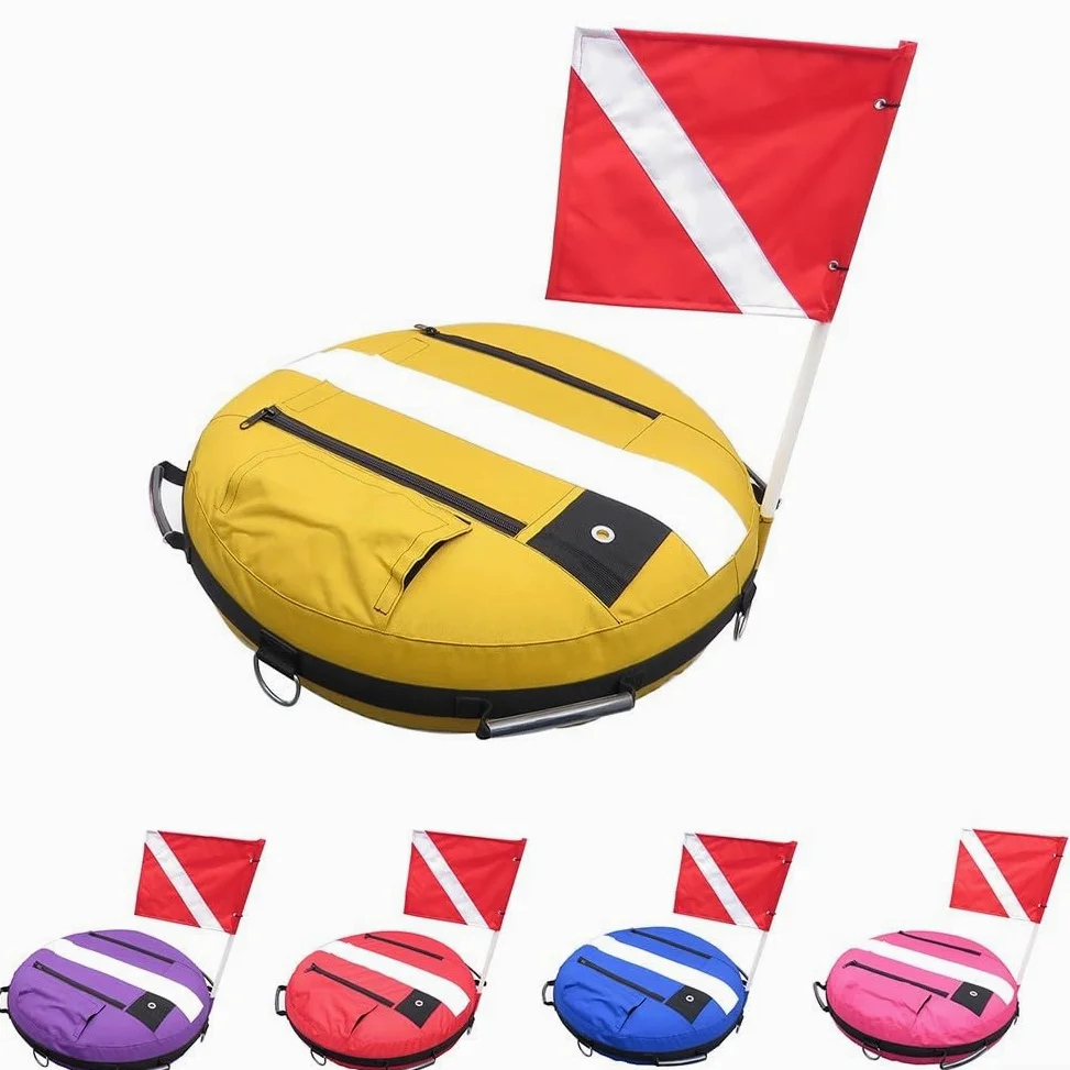 Boya de seguridad inflable para buceo libre y buceo con nailon recubierto, válvula de alivio de sobrepresión y cinco anillos de fijación de acero inoxidable (rojo)