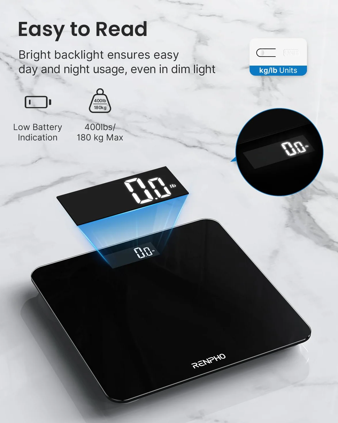 RENPHO Core 1S Bascula de Baño Digital, Alta Precisión 0,1 lb (50 g), 180kg/400lb, Negro