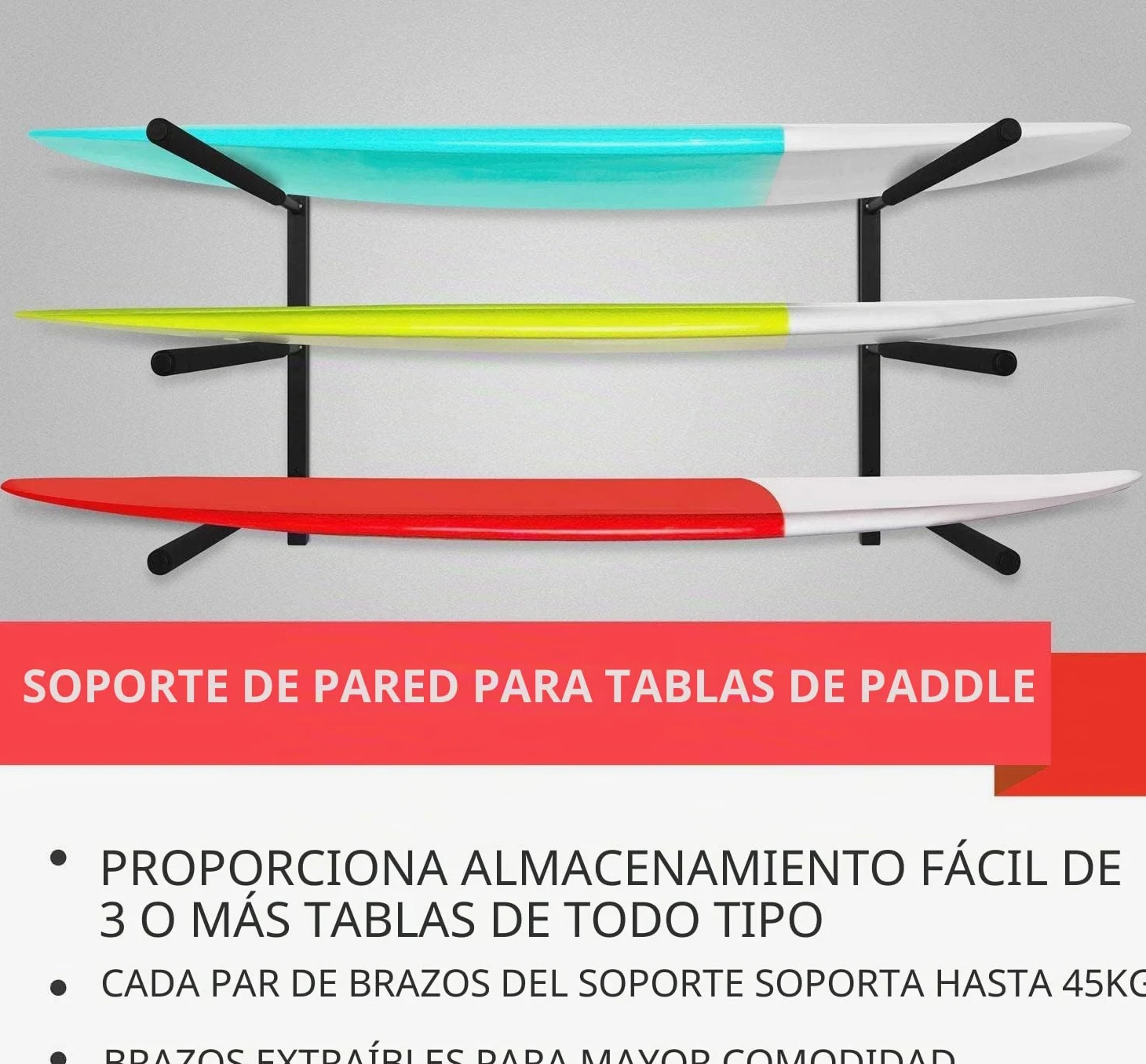 Yes4All Soportes de pared para tablas de paddle, Soportes para tablas de surf con acolchado de espuma, Almacena y exhibe hasta 3 tablas de surf, snowboards, longboards, negro
