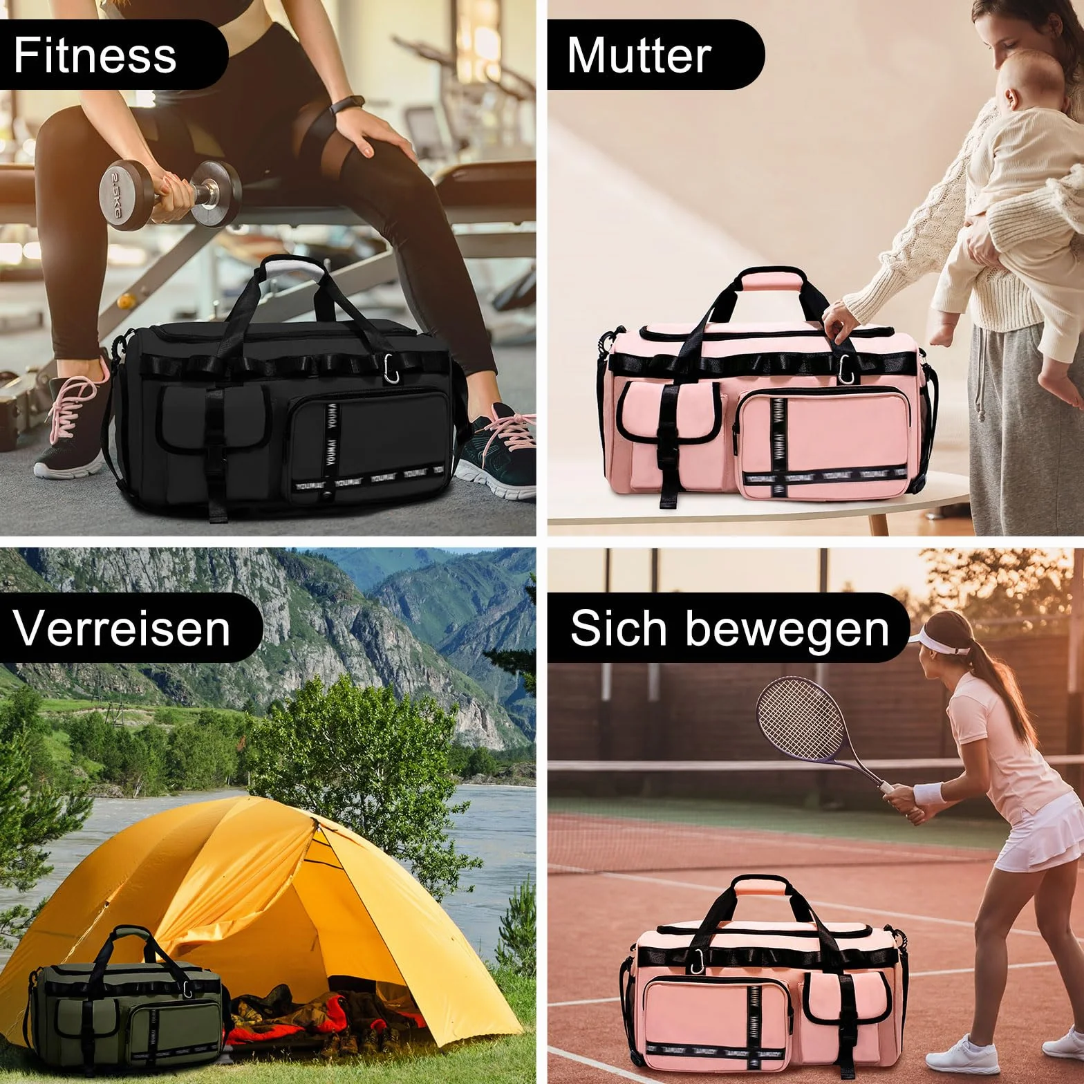 Sporttasche Damen mit Schuhfach & Nassfach 65L Gym Bag Reisetasche Caqui