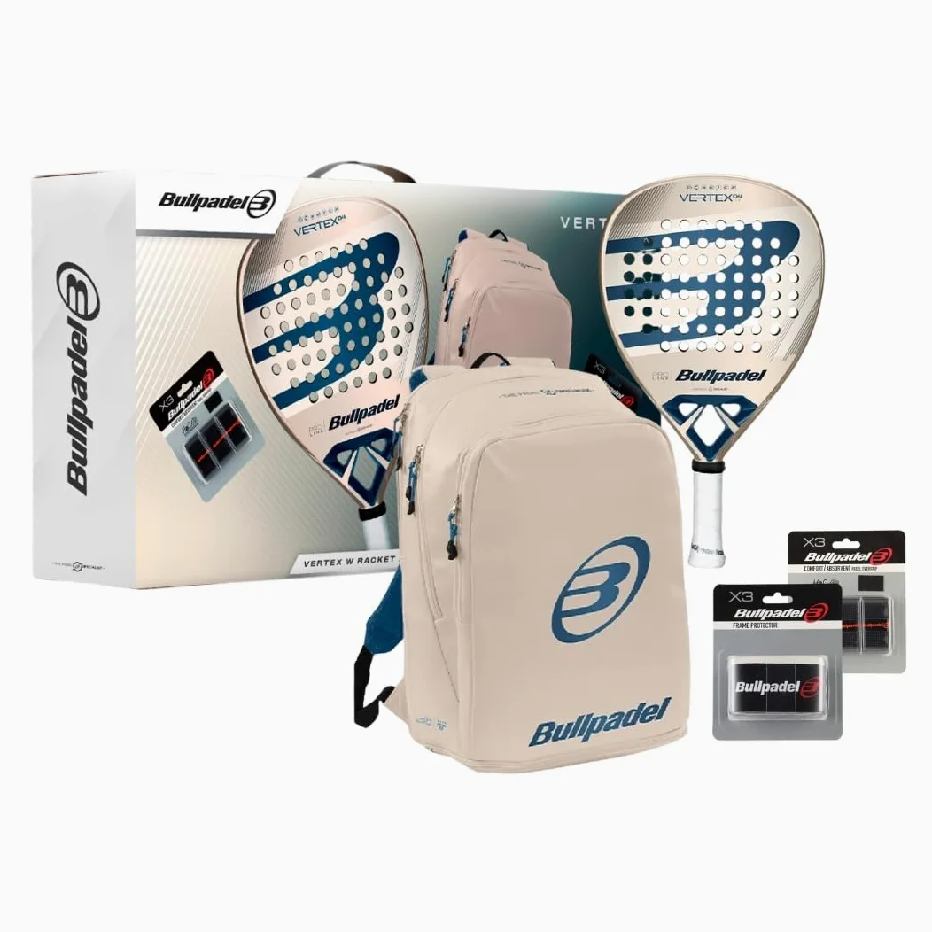 BULLPADEL Pack de pala de pádel Vertex 04 W | Juego profesional de pádel | Pala de forma diamante, cara Fibrix, núcleo MultiEva | CURVAKTIV y Air Power | Incluye mochila Vertex, Overgrip y protector