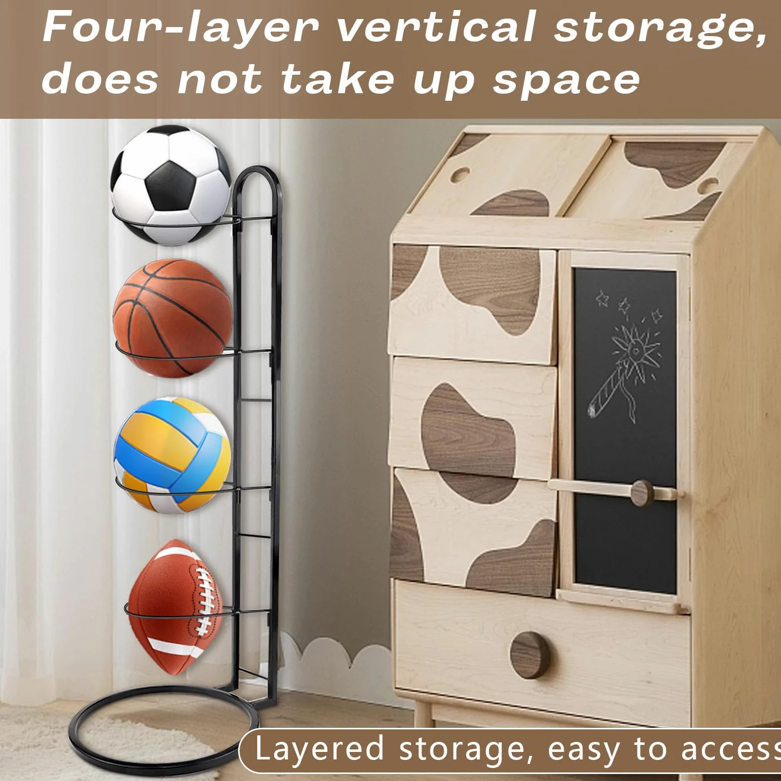 Soporte para pelotas de pie, 4 niveles, soporte para bolas, soporte para bolas, soporte para pelotas (extraíble, negro), adecuado para fútbol, baloncesto, voleibol y rugby