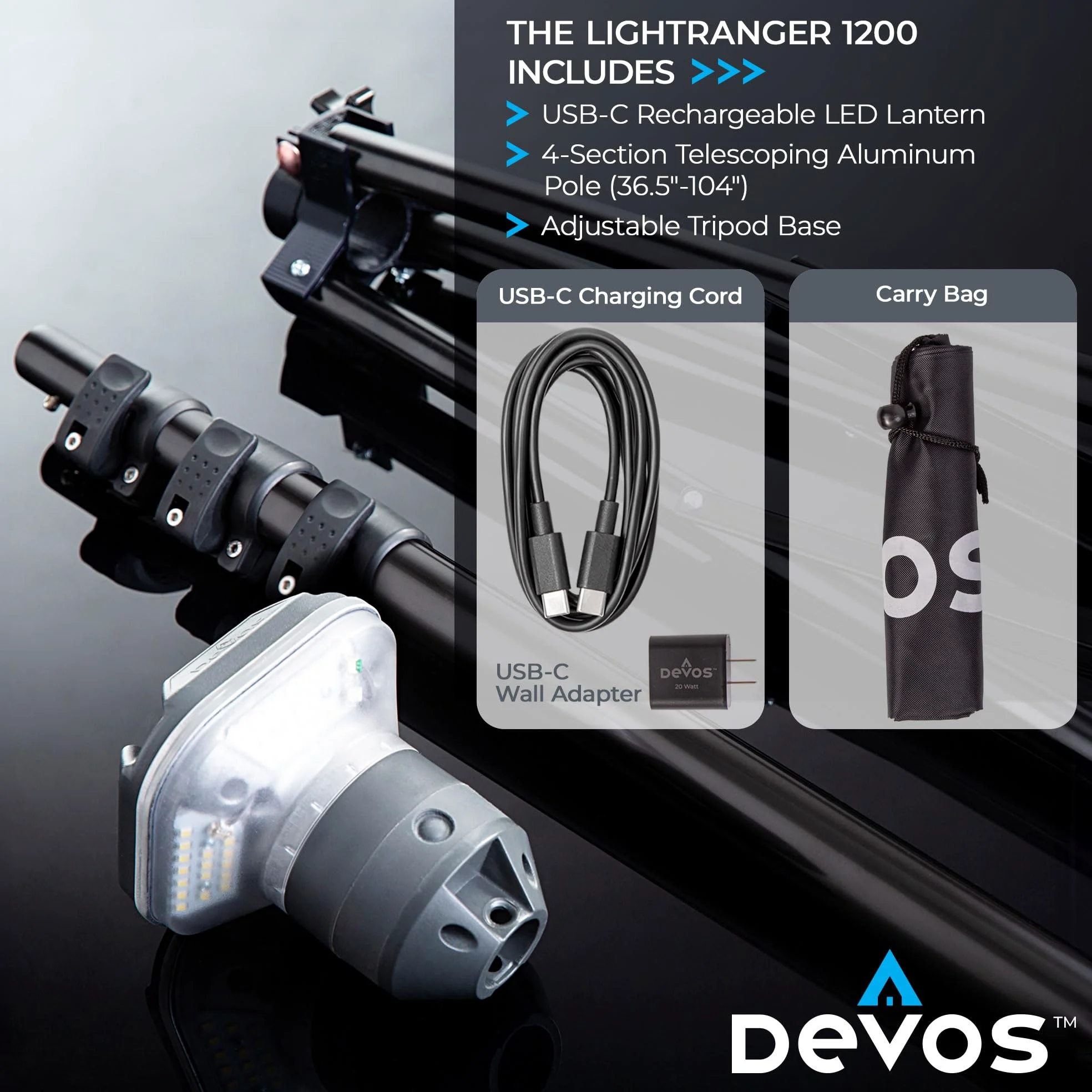 Devos Outdoor LightRanger 1200 - Linterna trípode LED de alto rendimiento con altura ajustable, 9 pies de alto con brillo de 1200 lúmenes y batería de larga duración.