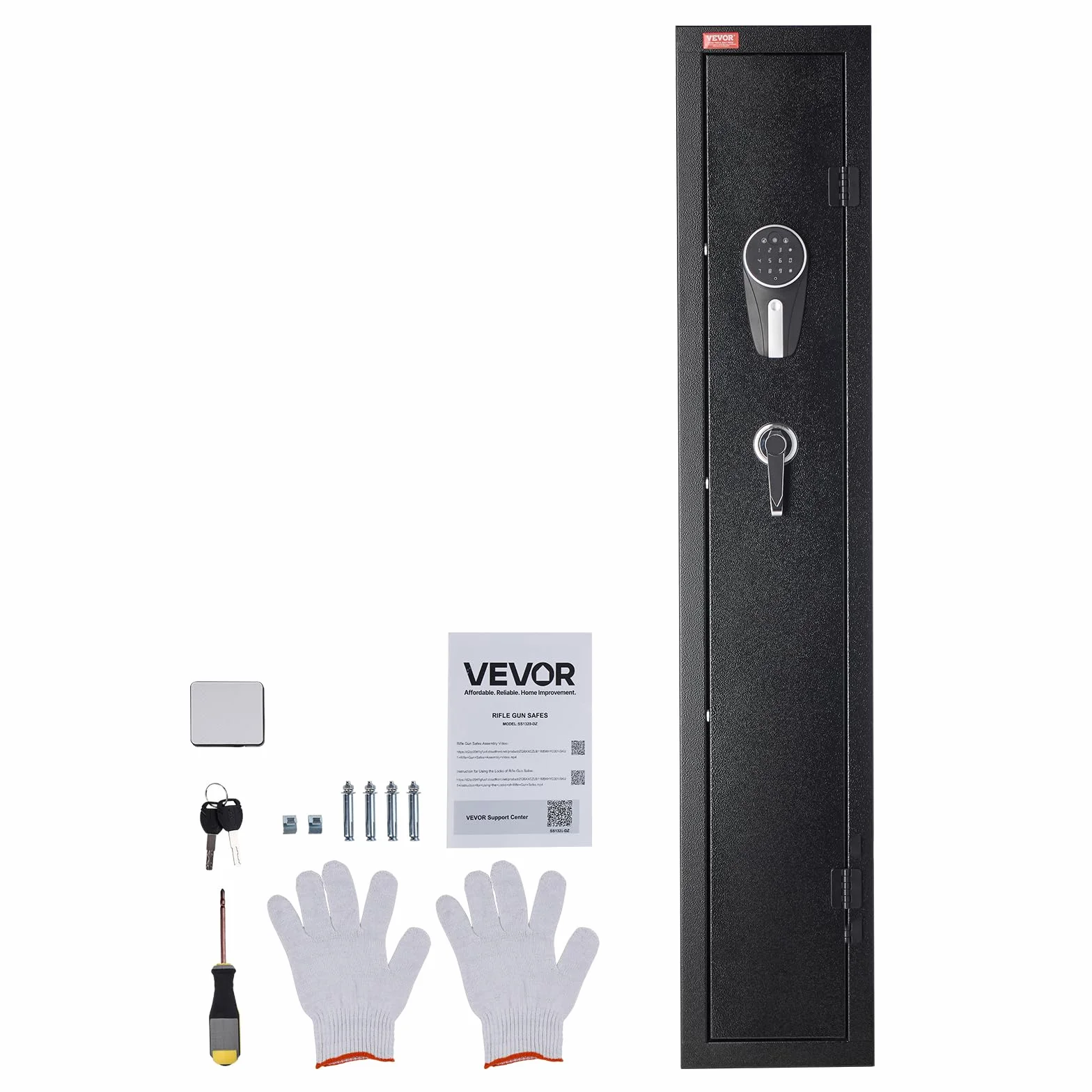 VEVOR Armario para Armas Largas, Caja Fuerte para Rifles con Teclado Digital y Llave, Iluminación LED, Soportes Ajustables, 250 x 220 x 1335 mm