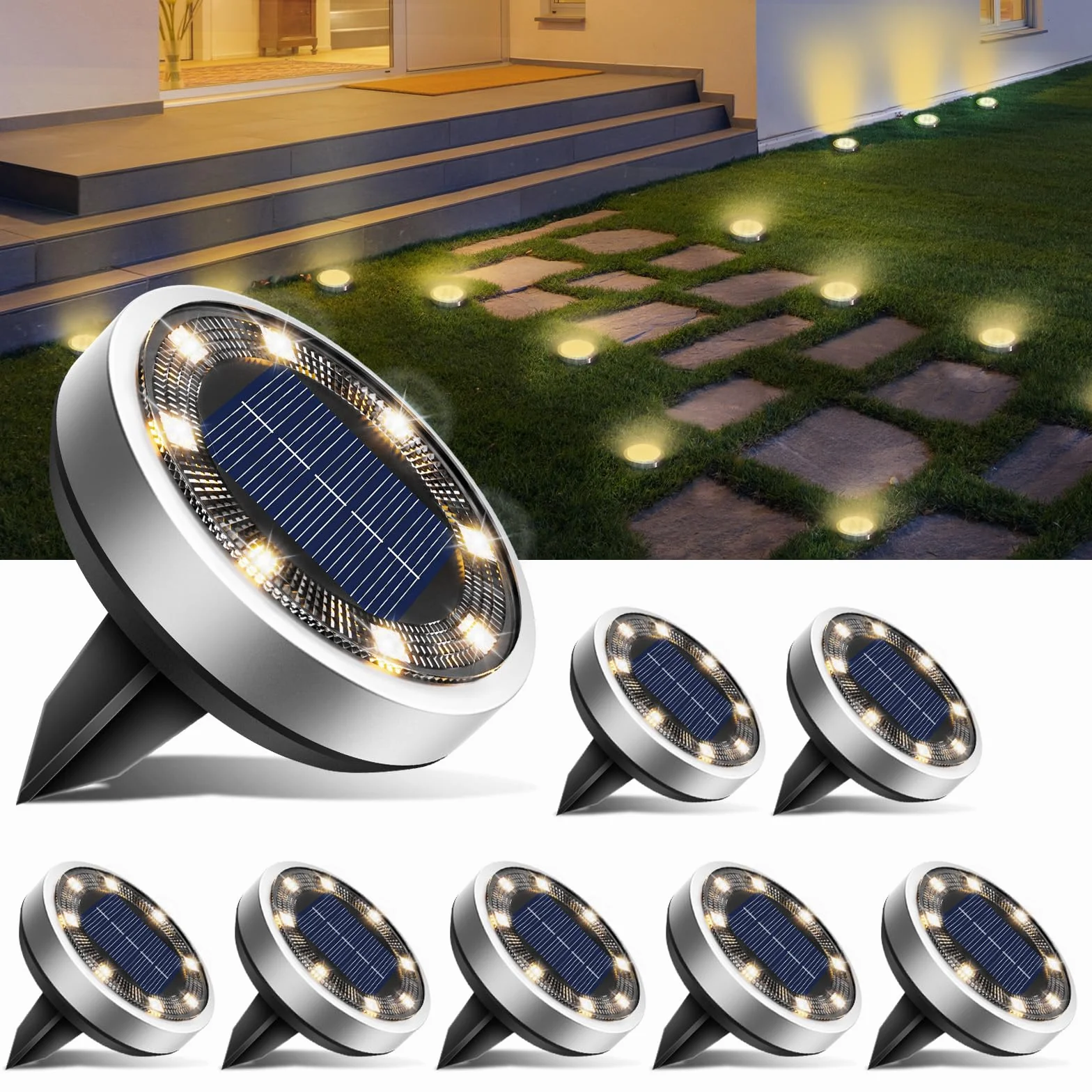 Luces Solares LED Exterior Jardin Suelo 8 Paquetes IP65 Impermeable Blanco Cálido