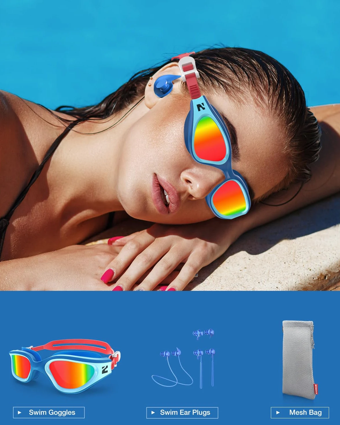 ZIONOR G1 Lite - Gafas de natación polarizadas con 3 pares de tapones para los oídos, protección UV antivaho, gafas de natación para adultos, hombres, mujeres y jóvenes