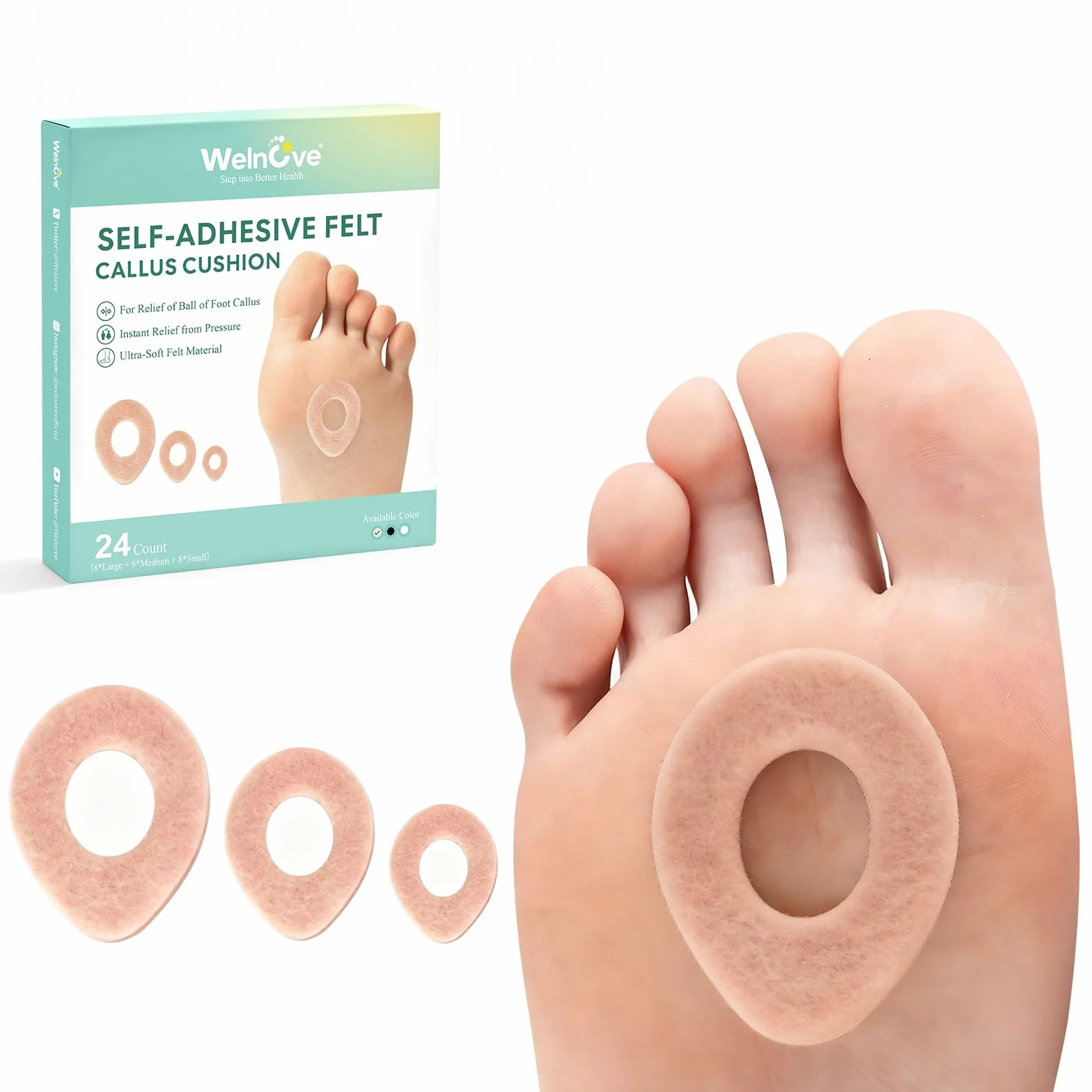 Welnove apósitos para callos - Fieltro Adhesivo Podologia - 24pcs almohadillas para pies y dedos