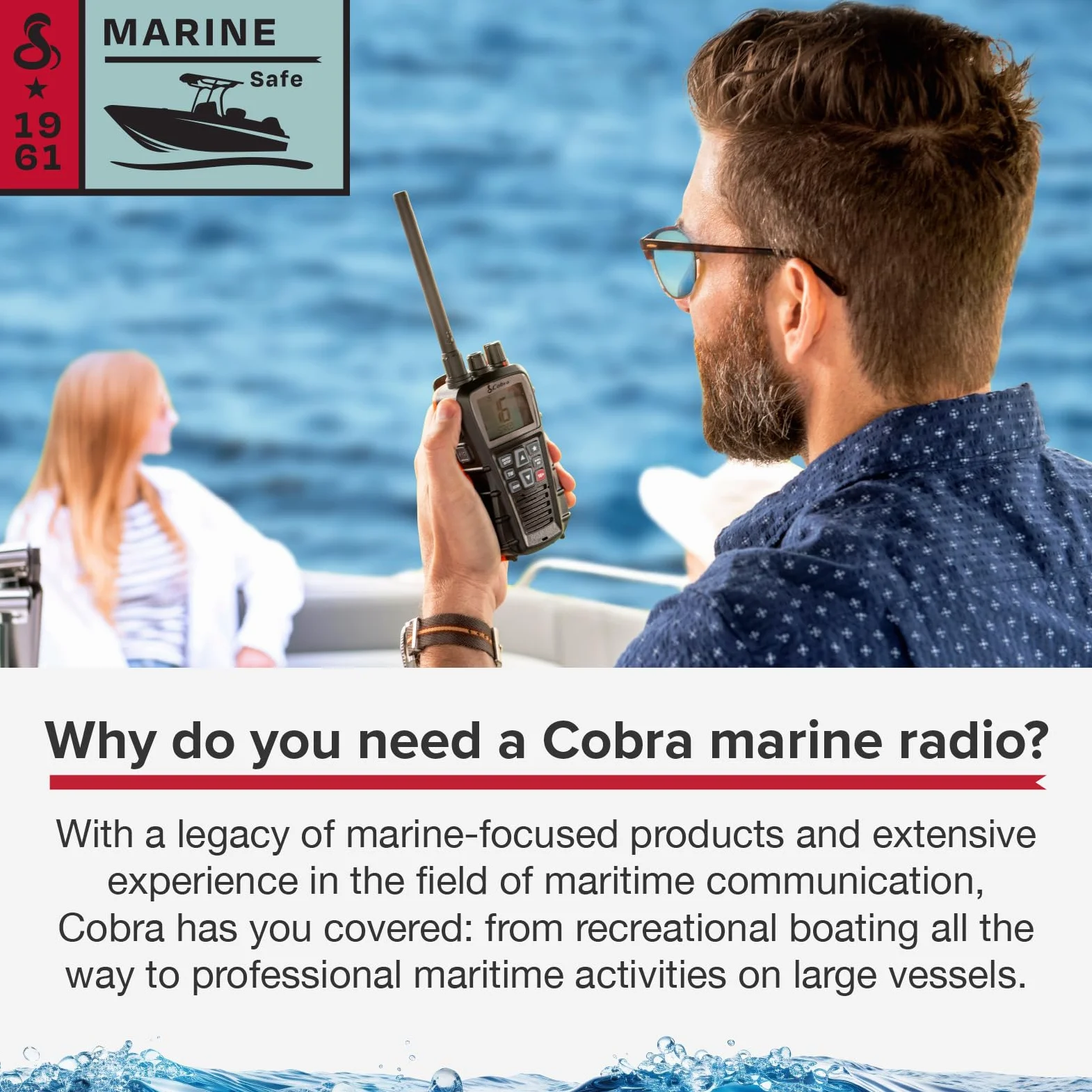 Cobra BlueBound 350 Radio Marina VHF Flotante de Mano - 6 W, Float n' Flash, IPX7 Impermeable, Sumergible, Pantalla LCD día/Noche, escaneo de Memoria, Tri-Watch, Negro