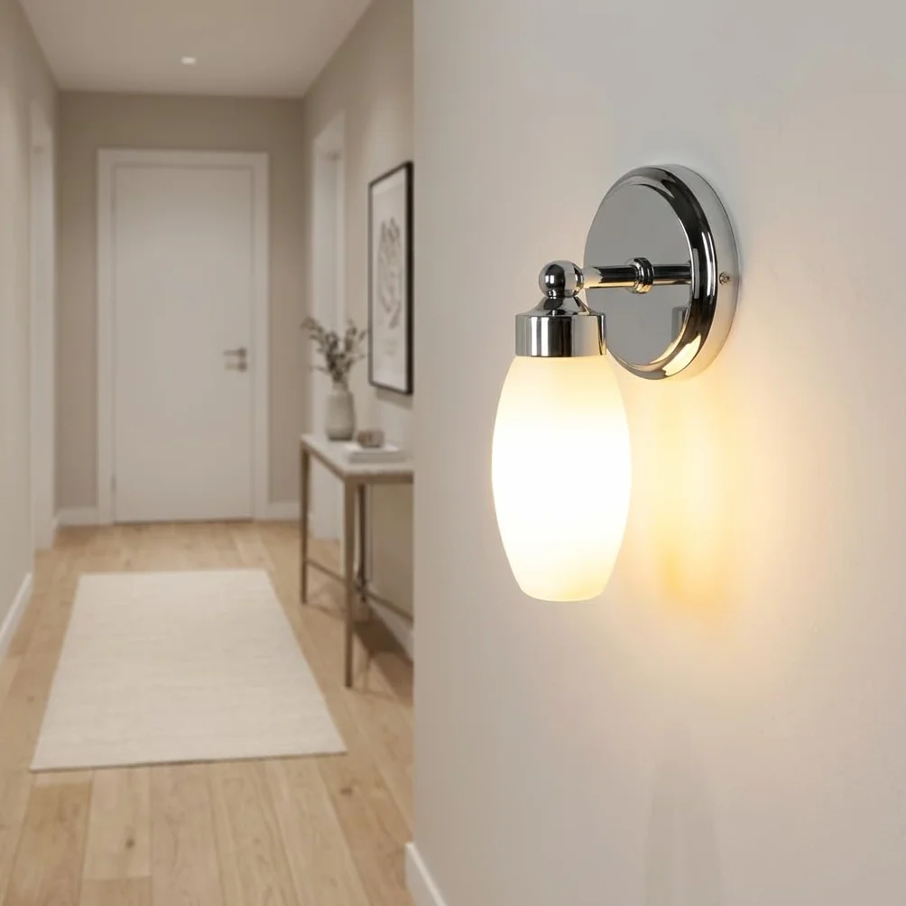 Alpinaluz Aplique de pared baño E14 base metálica cromada pantalla cristal blanca mate IP44