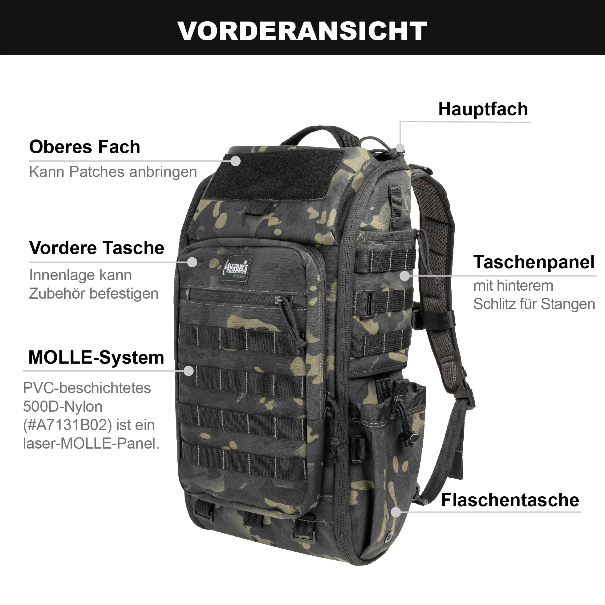 Magforce Tactical Raider - Mochila militar Molle de 25 litros, ligera y compresible, nailon balístico, compartimento para portátil, mochila de senderismo al aire libre con muchos bolsillos y correa