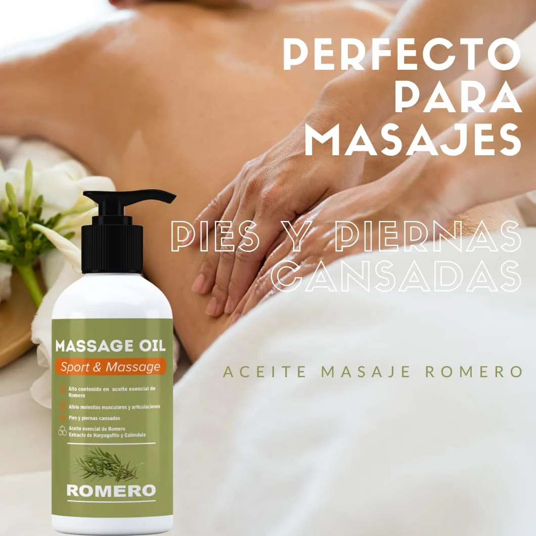 Aceite de Romero para Masaje 250 ml con Aceite Esencial de Romero, Harpagofito y Caléndula