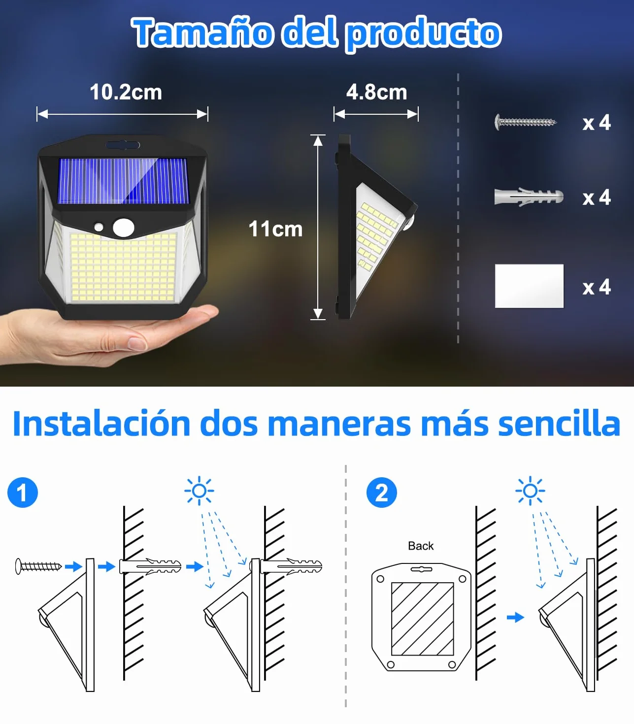 Luz Solar LED Exterior Jardin 248 LED Sensor de Movimiento 270° IP65 Impermeable 4 Paquete