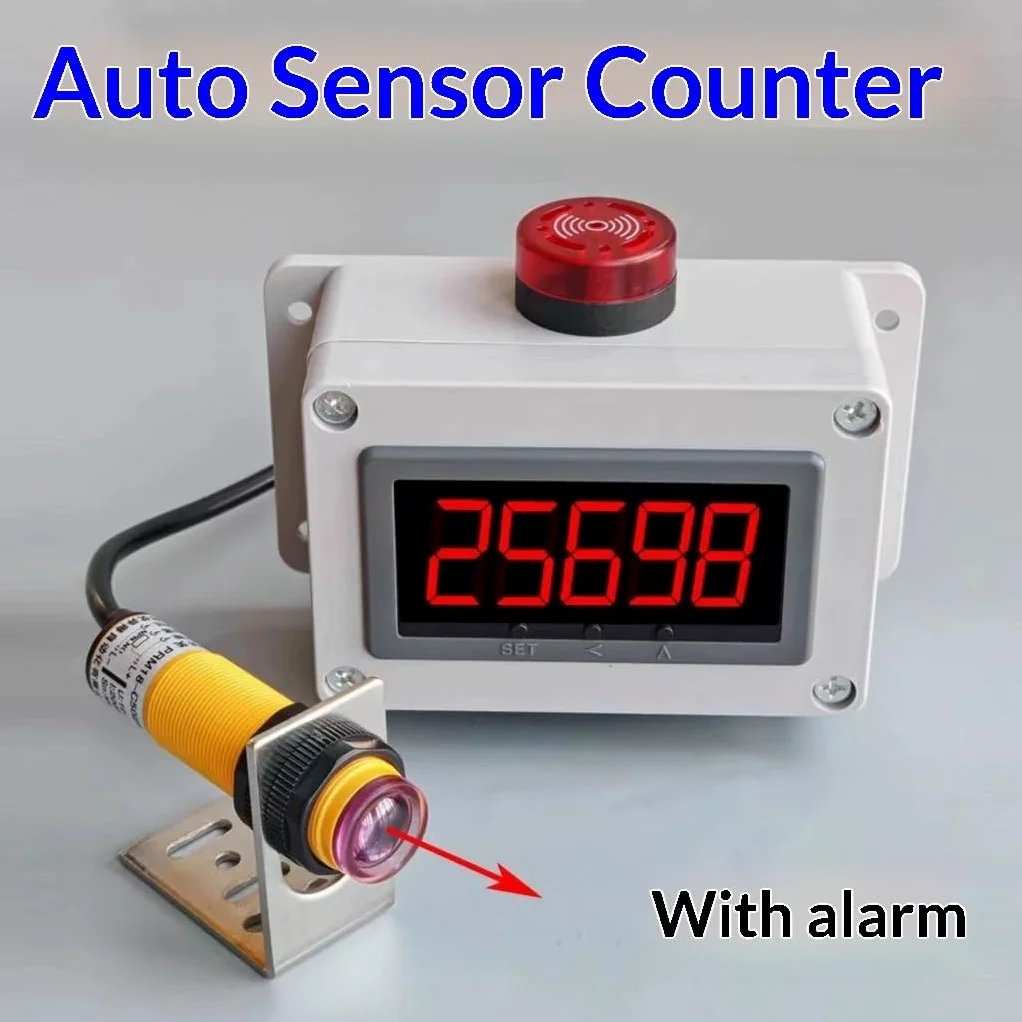 Contador digital LCD de 5 dígitos con sensor infrarrojo (10 cm-5 m), rango de conteo 0-99999, diseño resistente para línea de producción de cinta transportadora industrial