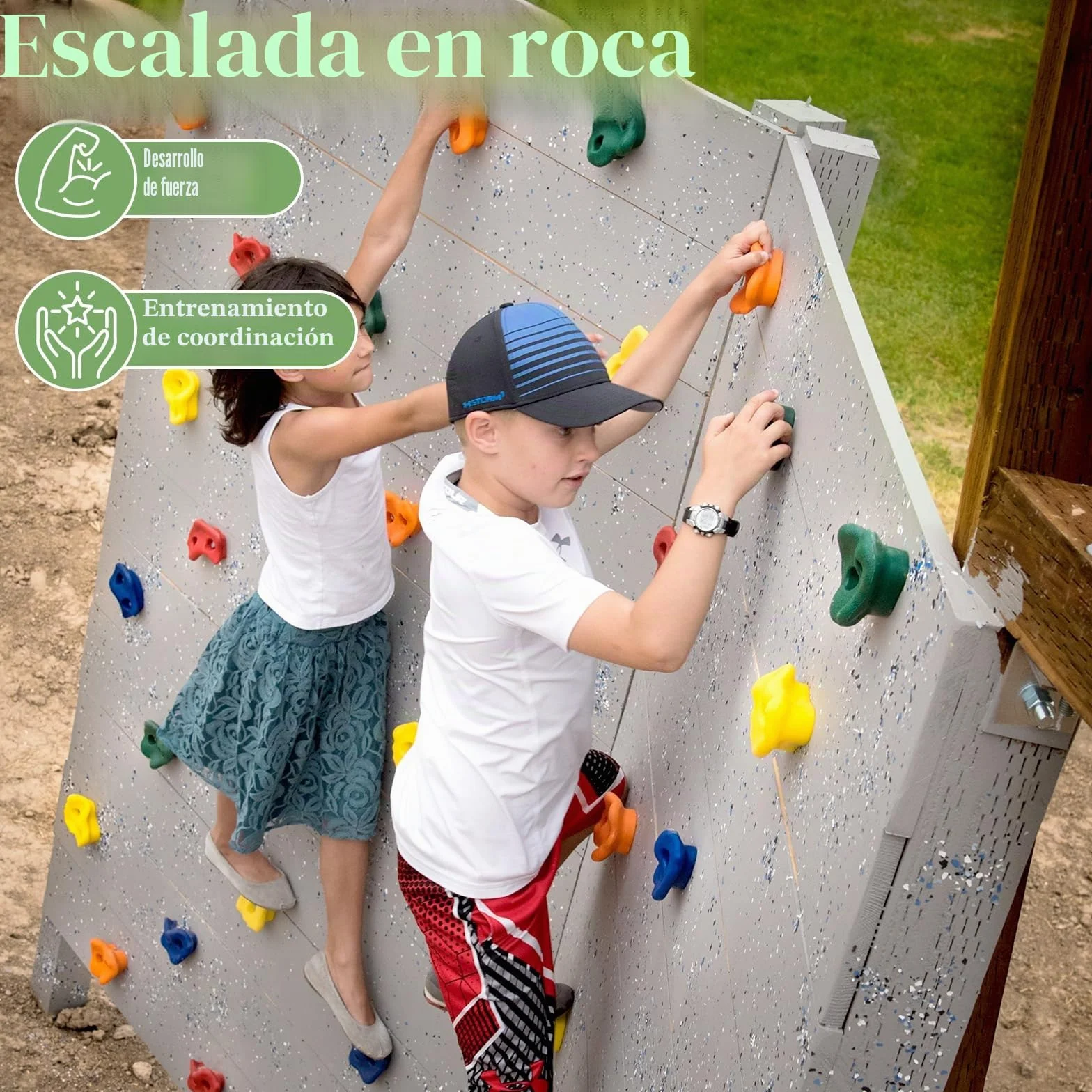 20 Piezas Presas Escalada Niños, Piedras escalada al Aire Libre | Soportes Escalada Accesorios con 270 cm Cuerda Escalada Anudada y 2 Agarraderas Verdes para Juegos Infantiles Interior y Exterior