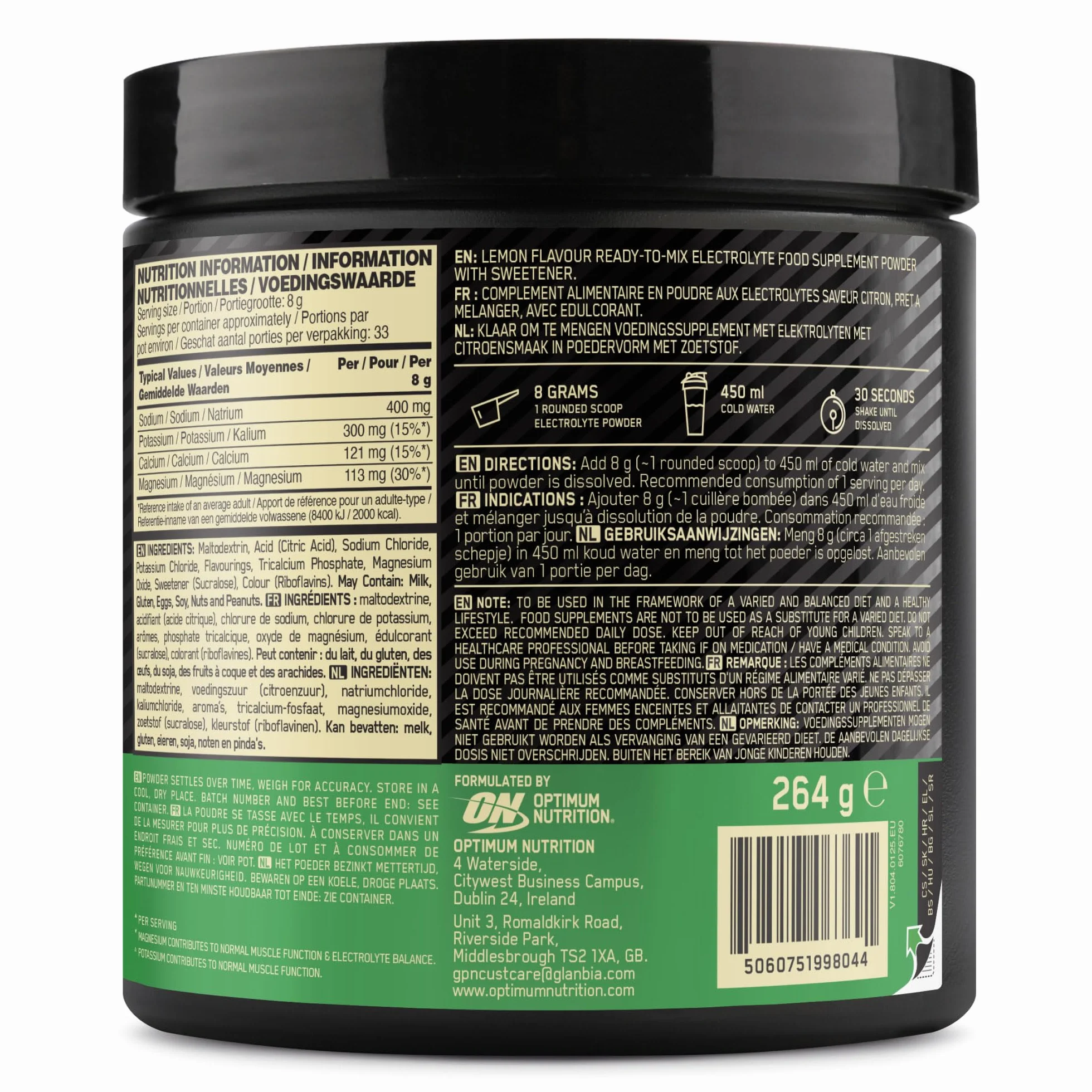 Optimum Nutrition Electrolitos en Polvo Sabor Limón 264 g 33 Raciones Sodio Magnesio Potasio