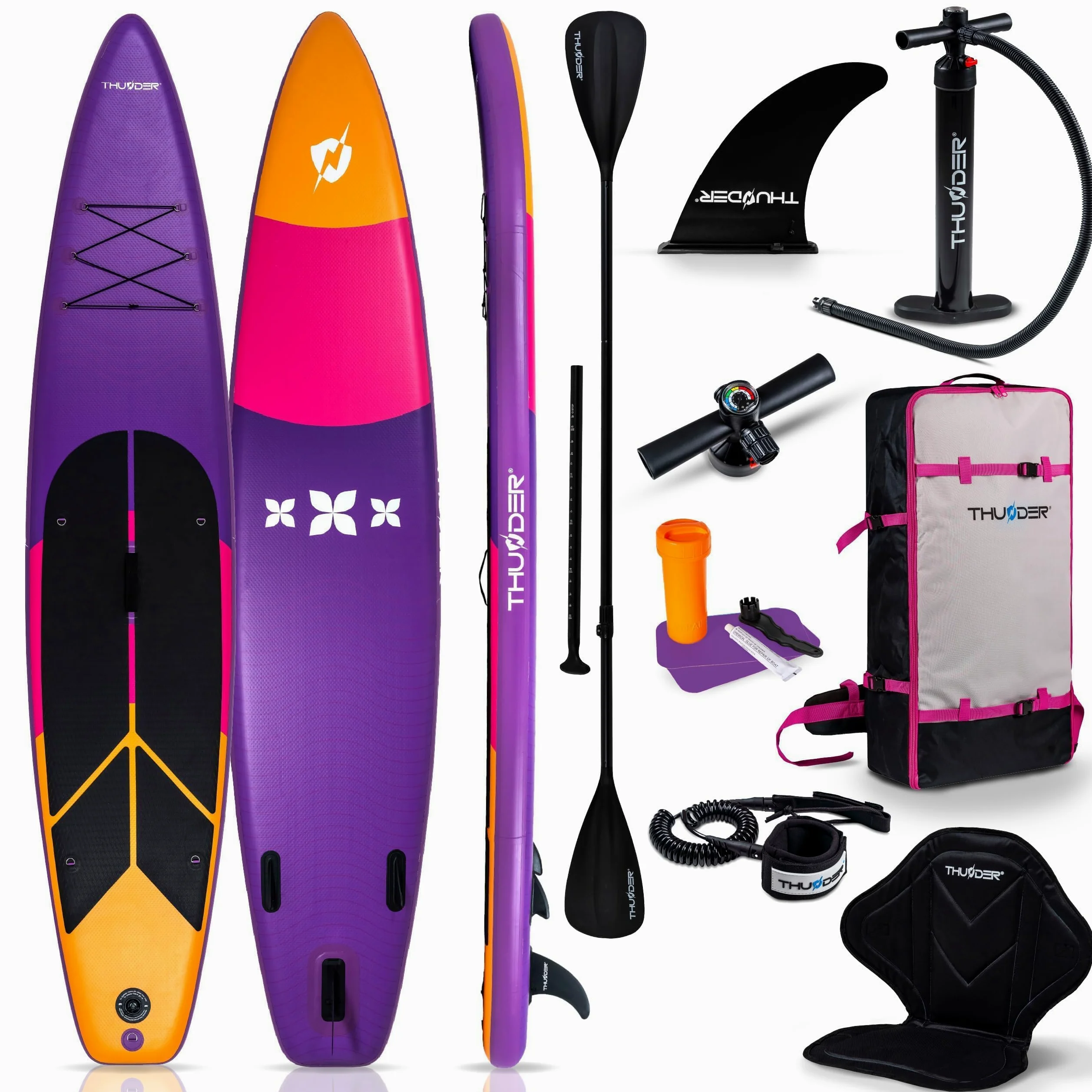 THUNDER Tabla de Sup Inflable 365 cm con Asiento de Kayak – Set de Stand Up Paddle con Bomba, Remo y Mochila – Touring Sup para Adultos y Principiantes hasta 150 kg