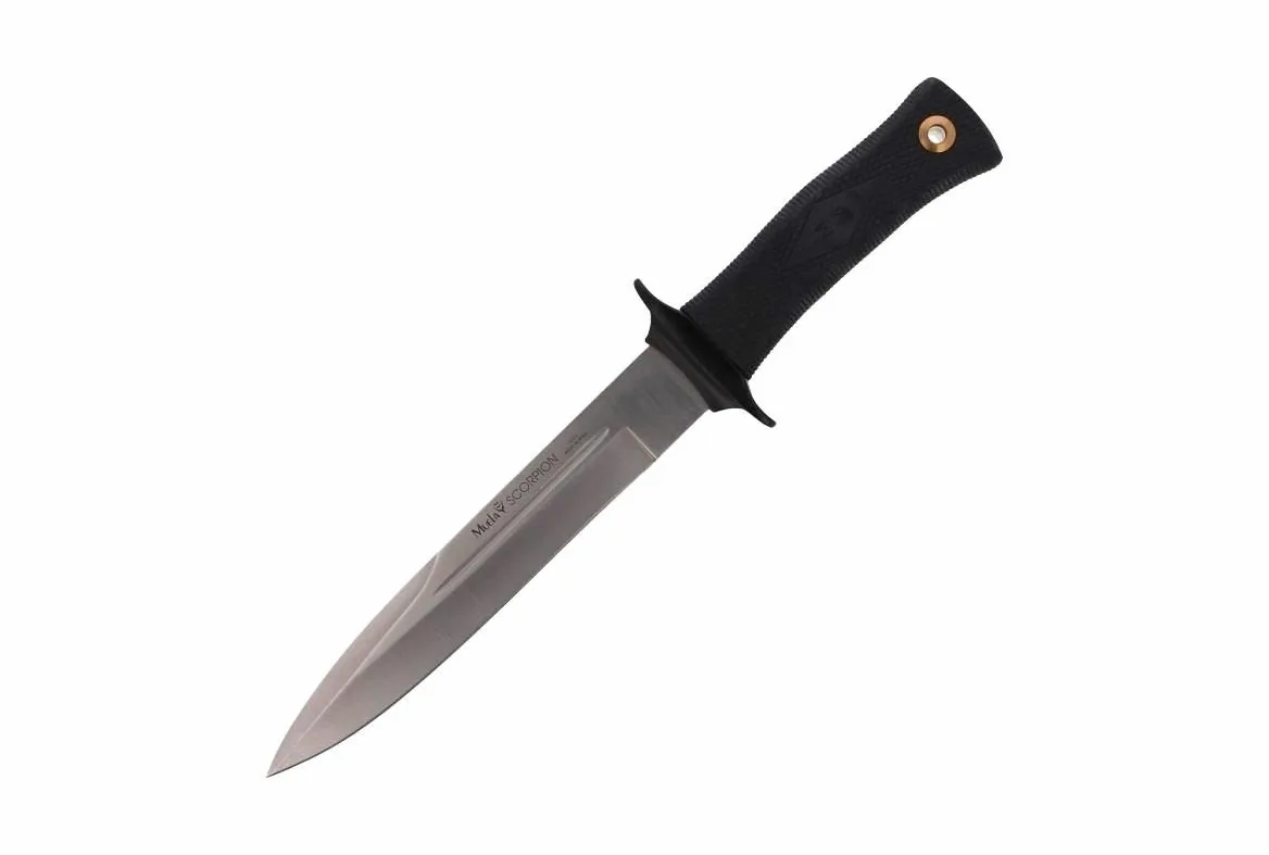 Muela Cuchillo SCORPION-19W hoja de acero ACX-380 de 19 cm y empuñadura de goma para Caza, Pesca, Supervivencia y Bushcraft Realizado en Ciudad Real + Portabotellas de regalo