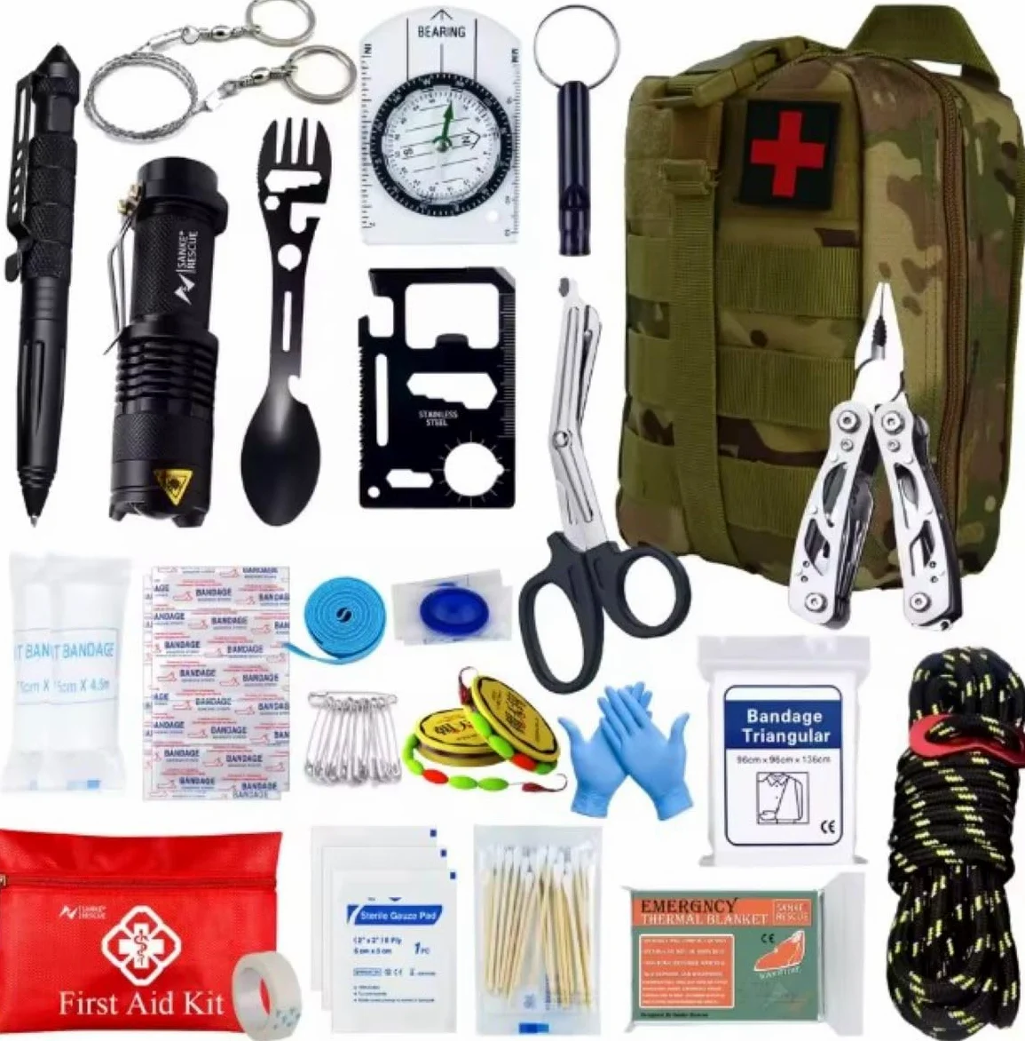 Kit Supervivencia UE 2025 Botiquines Primeros Auxilios Equipo Completo de Supervivencia 72h Kit de Emergencia para Viajar Caminar Acampar al Aire Montaña
