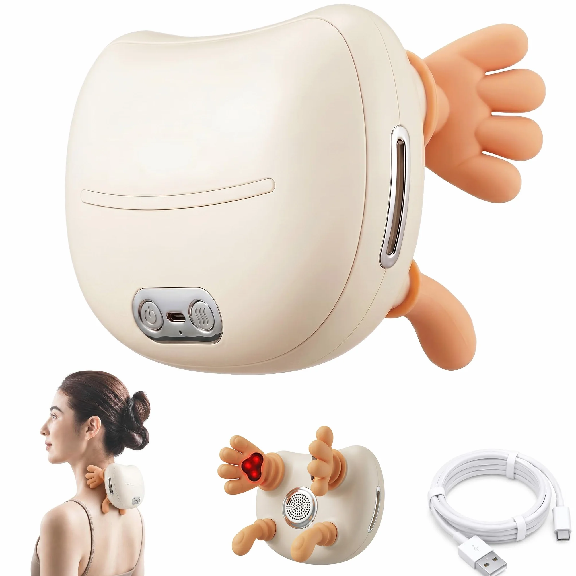 Masajeador de Cuello 4D Inalámbrico, Masajeador Cervical con Calor 2 Niveles, Recargable USB-C