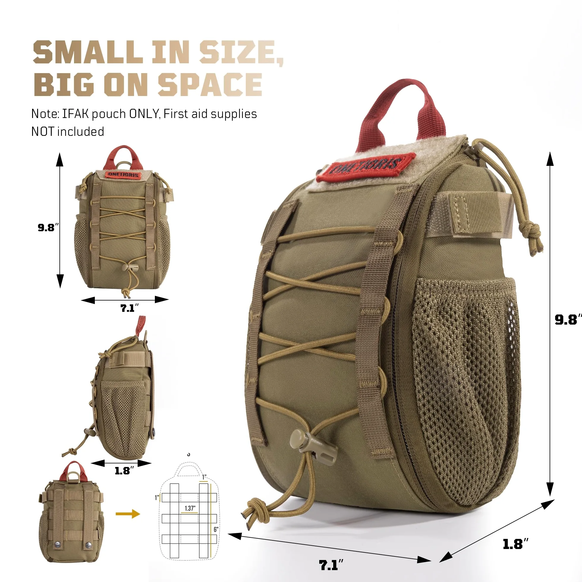 OneTigris Bolsa vacía IFAK de 8 x 5 Pulgadas, Bolsa de Trauma Molle con asa de Transporte y Anillo en D para Camping, Caza, Senderismo, Desierto, Coche, hogar, Oficina, Deportes