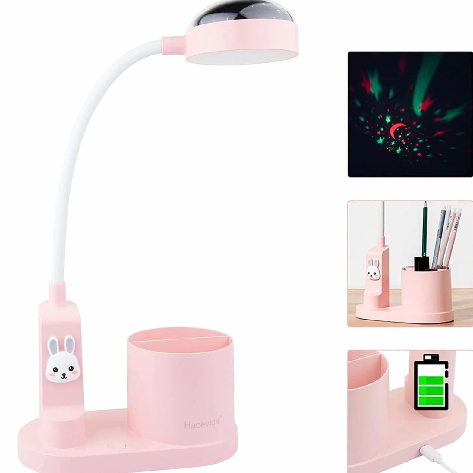 Lámpara de Escritorio LED Infantil Niña 2000mAh Recargable USB 3 Niveles de Brillo con Proyector de Estrellas Rosa