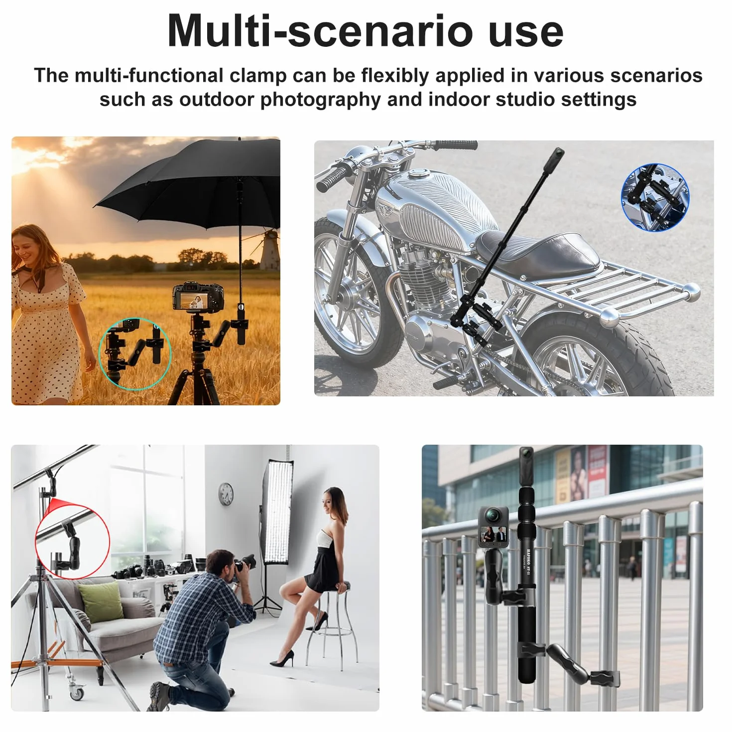 Moto Cámara Montaje Kit con Osmo 360 Osmo Nano, Bicicleta Doble Abrazaderas Manillar Soporte con 43" Palo Selfie Invisible compatible con Insta360 X5-X para UTV y Vlogging Registros de Conducción