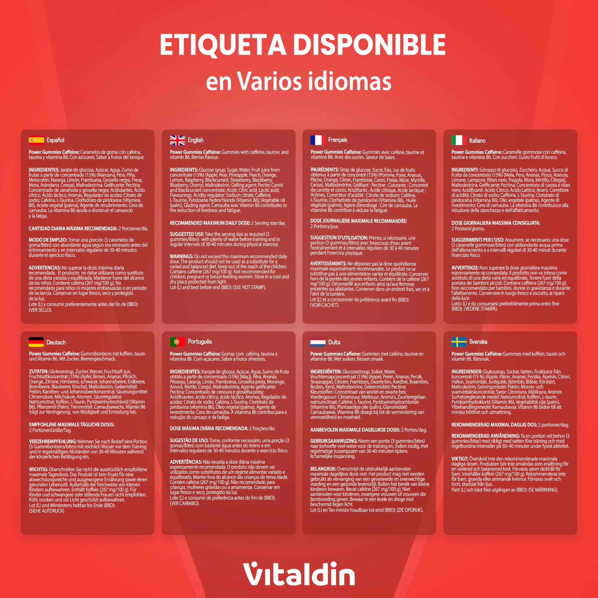 VITALDIN SPORT Power Gummies Caffeine & Taurine 80 mg Cafeína 40 mg Taurina Vitamina B6 30 Bites Sabor frutos rojos Vegano